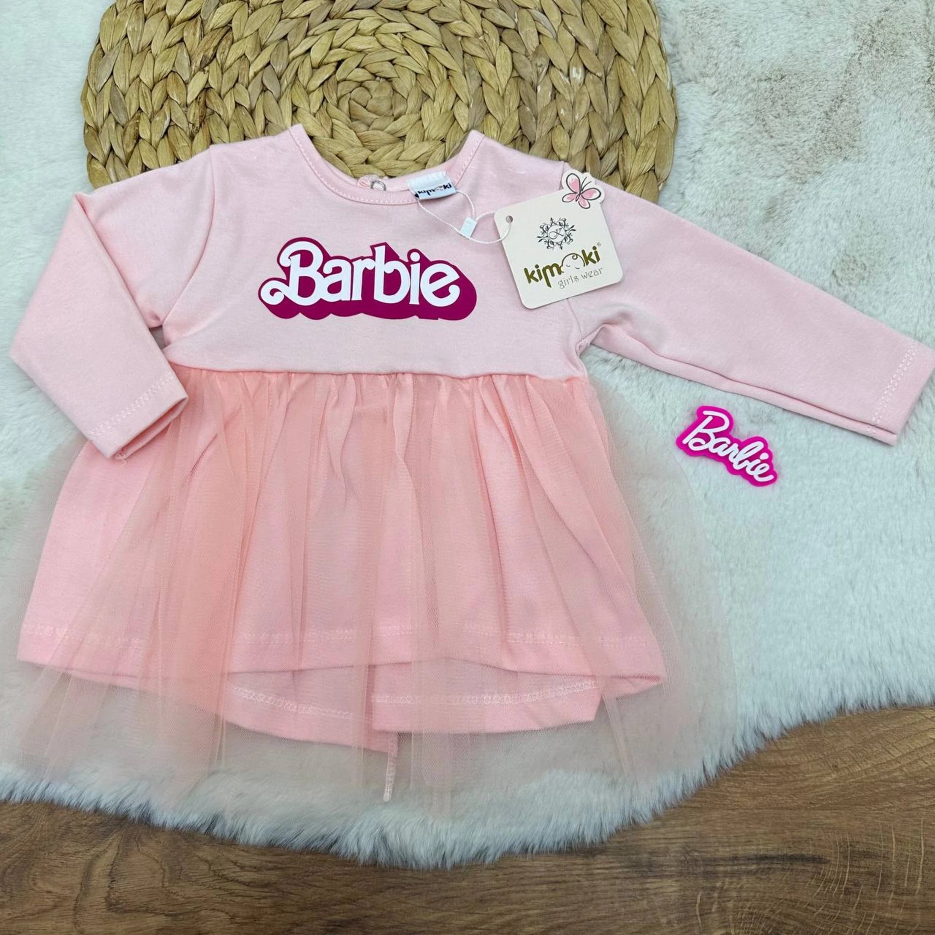 9-24 Ay Barbie Desenli Tokalı Elbise Somon
