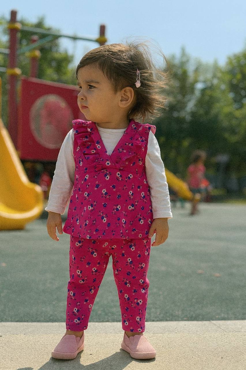 6-12 Ay 3 Lü Yelekli Çiçekli Takım - PEMBE