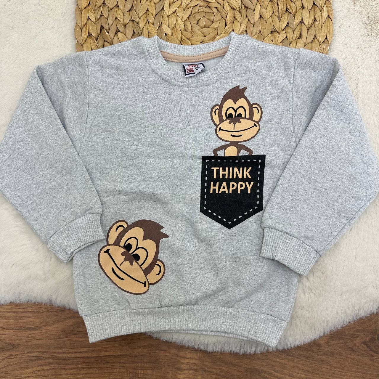 3-12 Yaş Maymun Desenli 2 İp Şardonlu Sweatshirt - GRİ