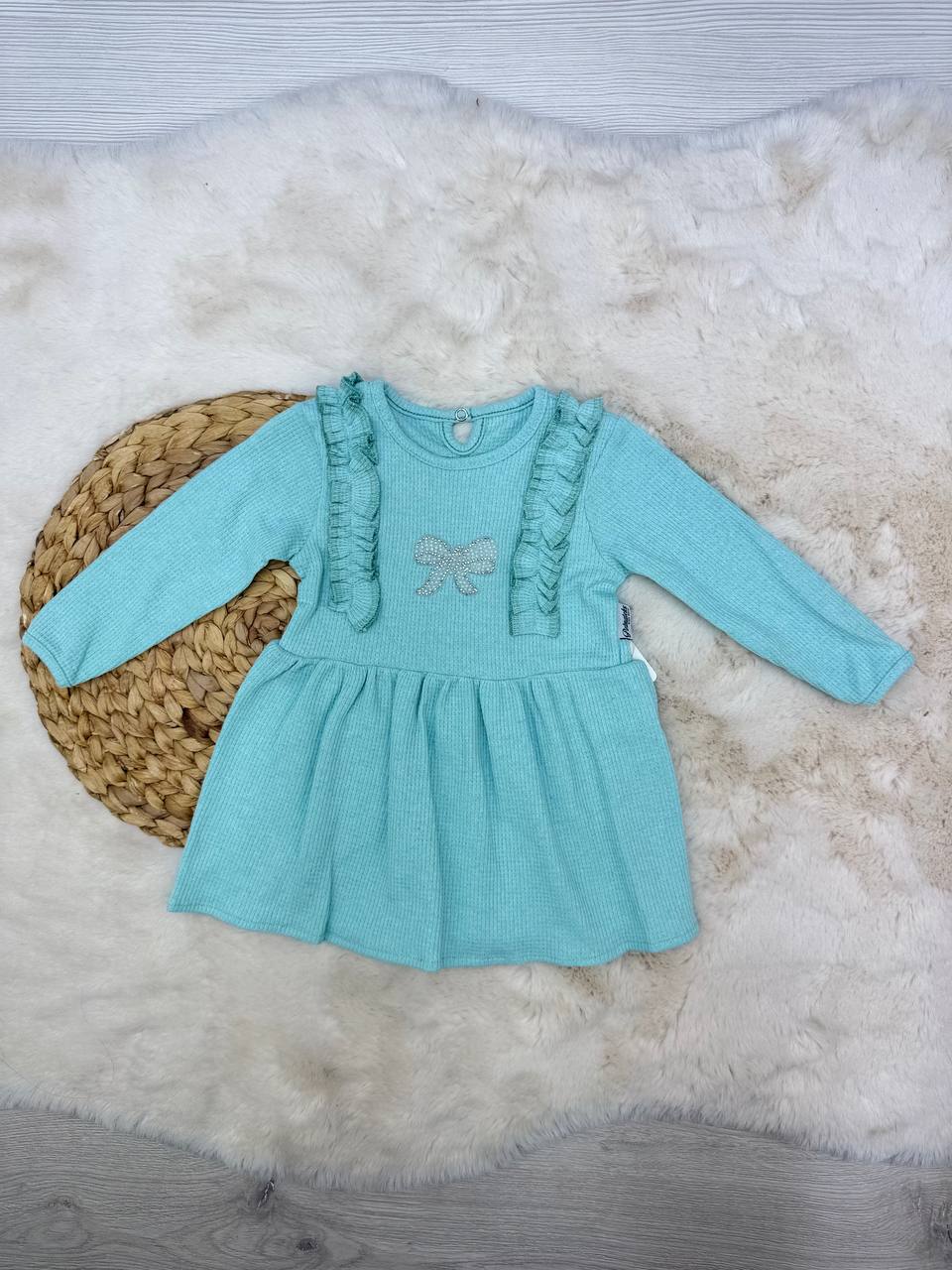 1-4 Yaş Waffle Kumaş Fiyonk Model Elbise - MİNT