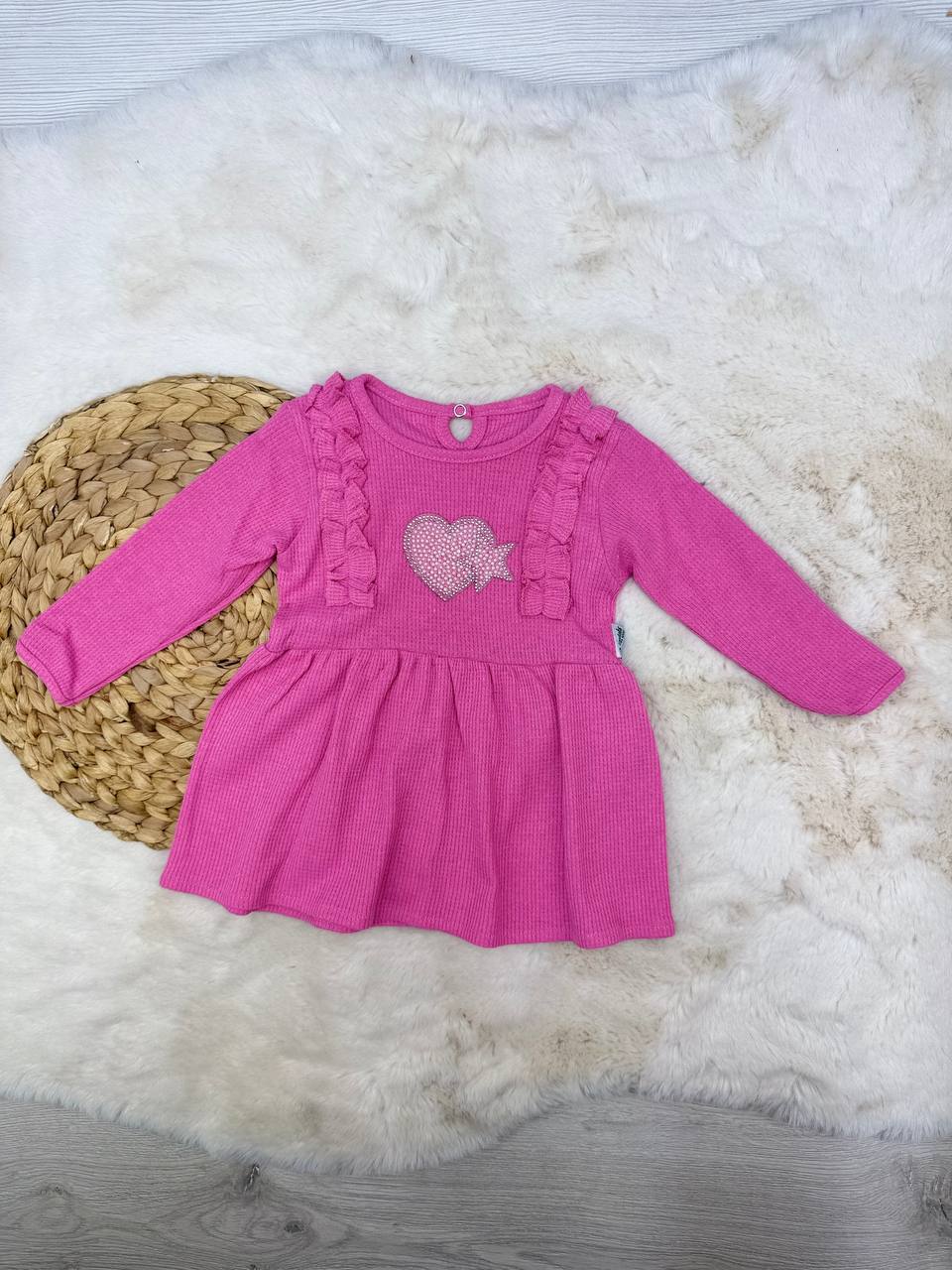 1-4 Yaş Waffle Kumaş Kalp Yıldız Model Elbise - PEMBE