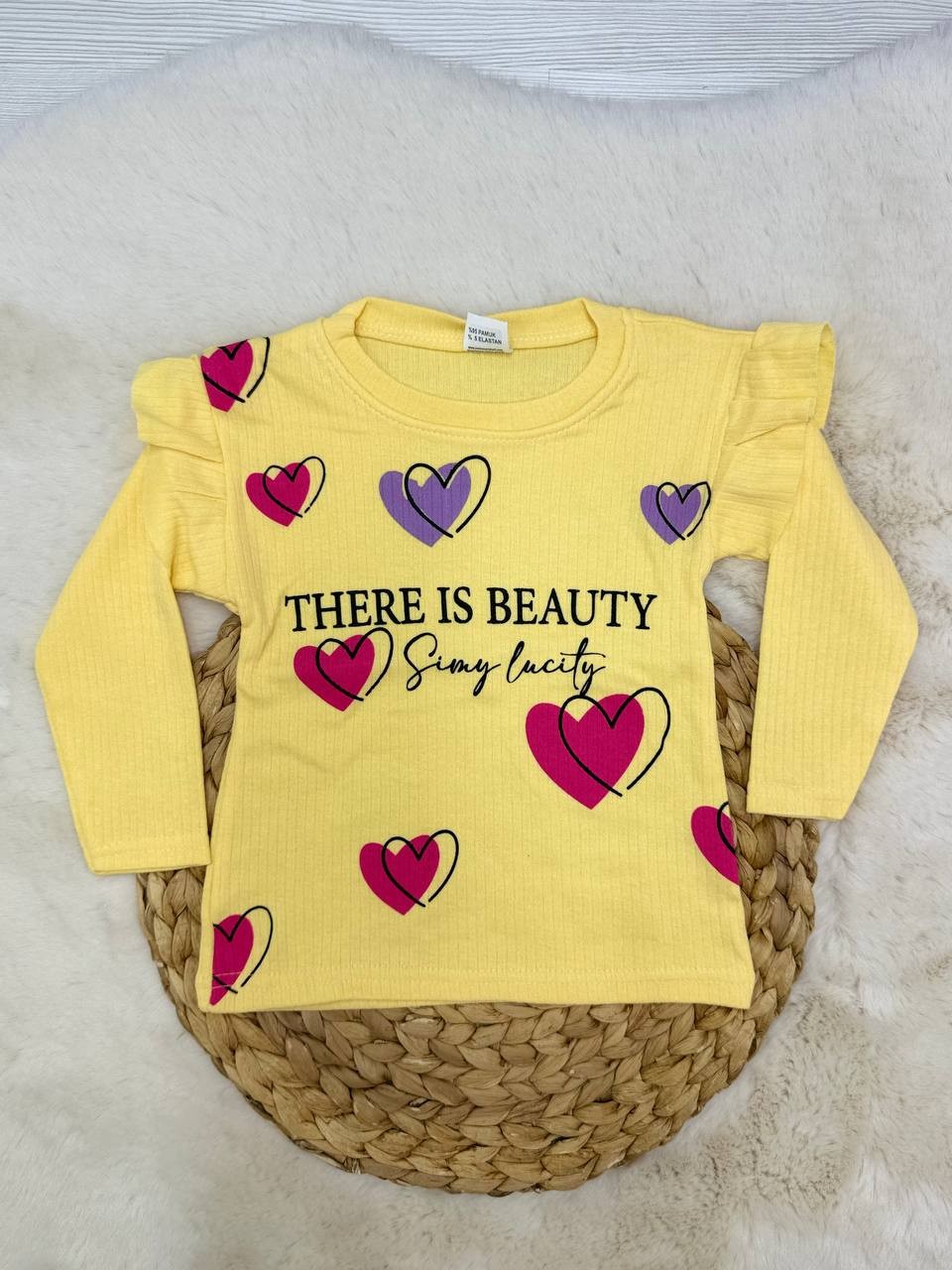 3-12 Yaş Beauty Baskılı Fırfırlı Kız Sweatshirt - SARI