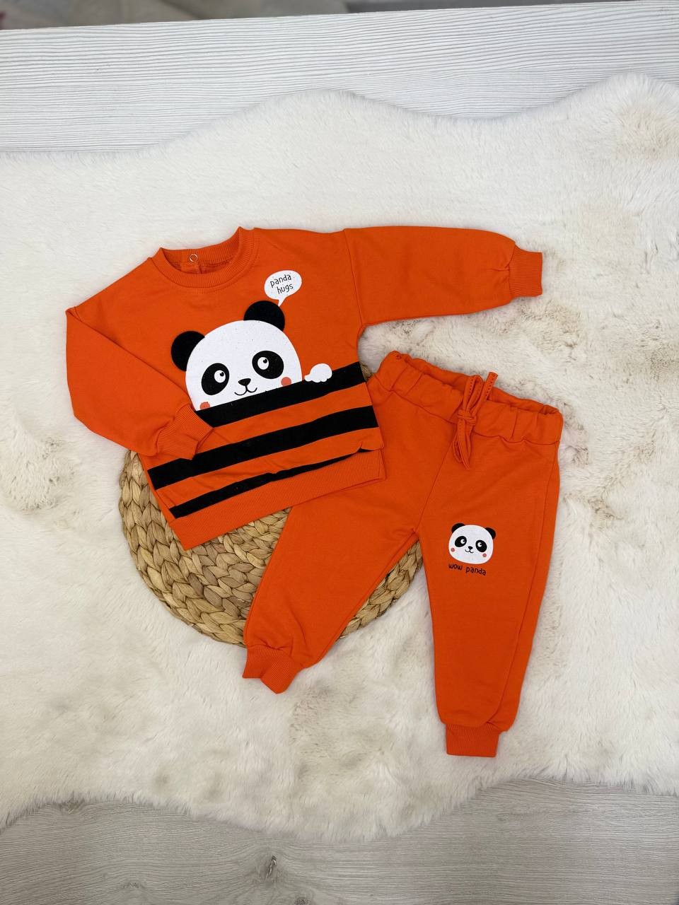 9-24 Ay Panda Çizgili Altı Nakışlı Takım - TURUNCU