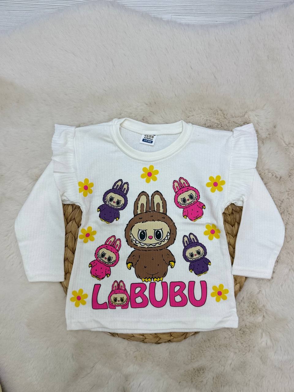 3-12 Yaş Labubu Baskılı Fırfırlı Kız Sweatshirt - EKRU