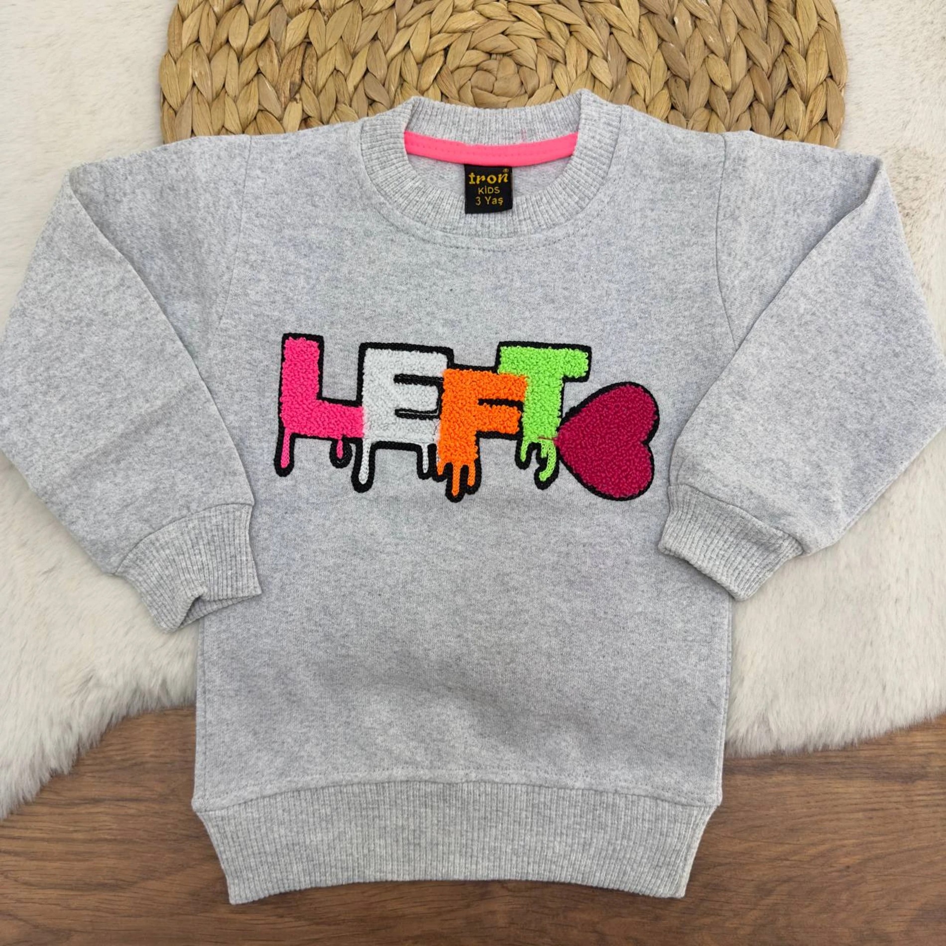 3-12 Yaş Lefto Nakışlı 2 İp Şardonlu Sweatshirt Gri