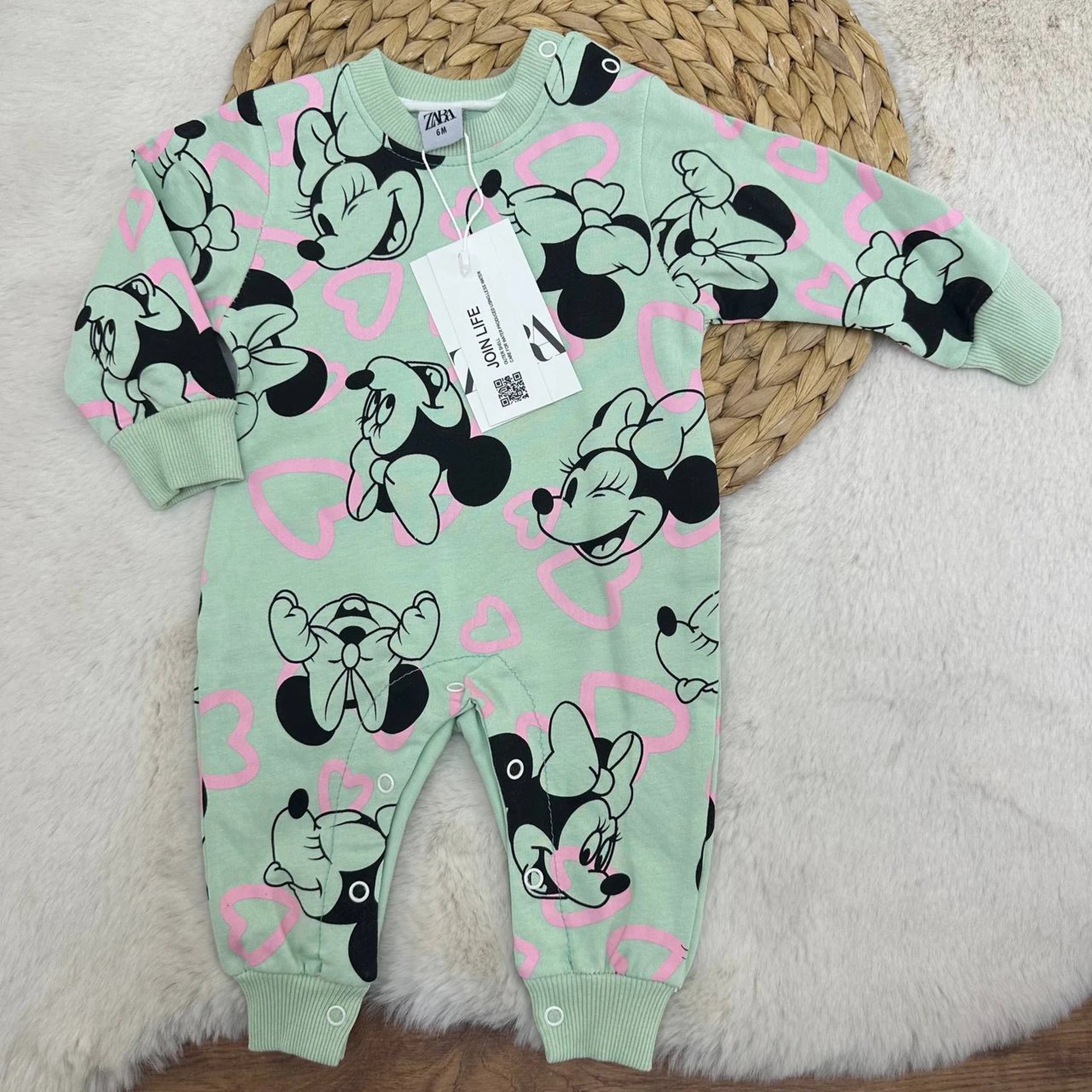 6-24 Ay Minnie Desenli 2 İp Şardonsuz Tulum Yeşil