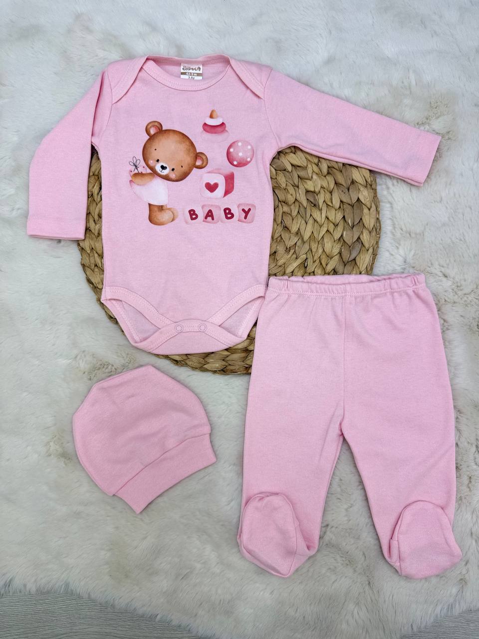 0-6 Ay Ayıcık Baby Baskılı 3 Lü Hastane Çıkışı - PEMBE