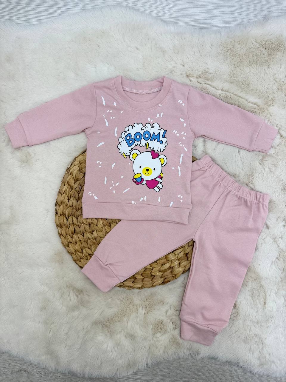 6-12 Ay Boom Yazılı Ayıcık Baskılı Mevsimlik Takım - PEMBE