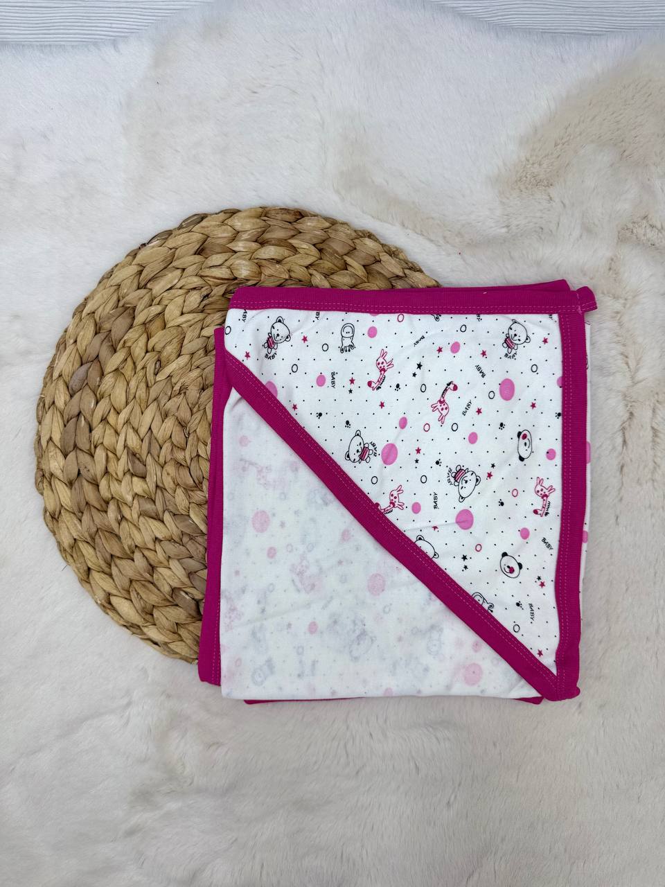 80x90 cm Penye Ayı Zürafa Baskılı Tek Kat Battaniye Kundak  - PEMBE
