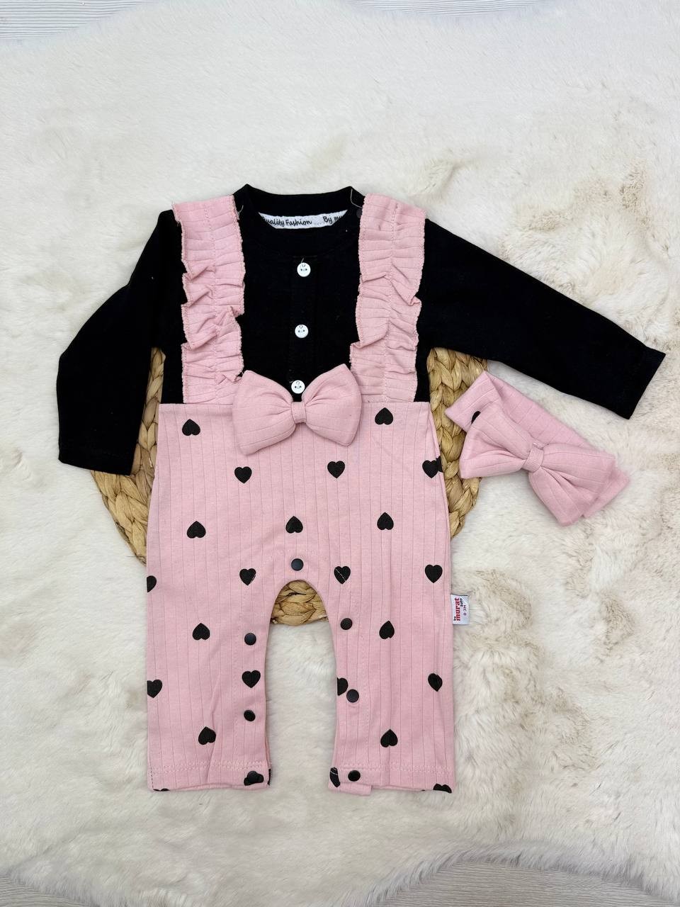 0-6 Ay Kalp Fiyonklu Bandanalı Tulum - PEMBE