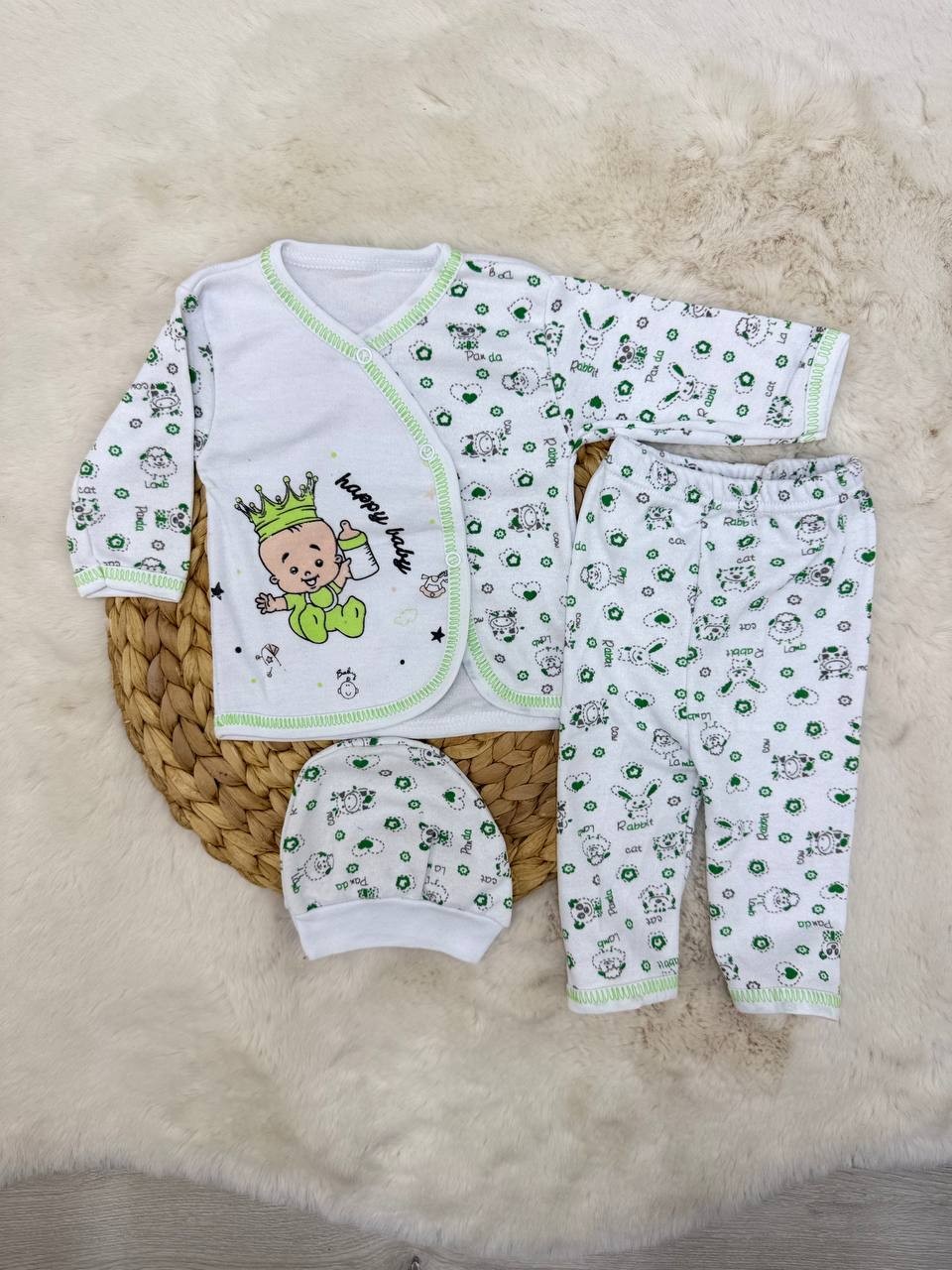 0-3 Ay Happy Baby Şapkalı 3 lü Takım - YEŞİL