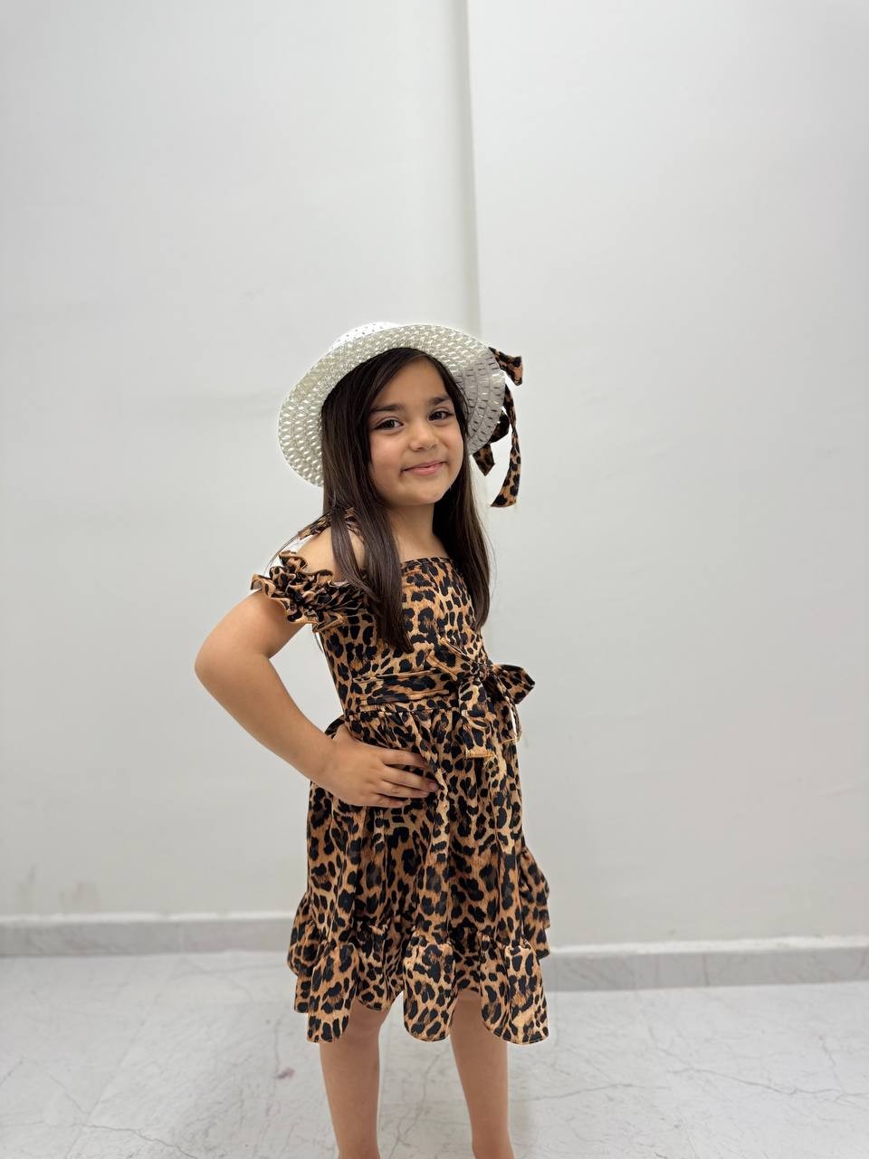 2-5 Yaş Leopar Desenli Şapkalı Elbise