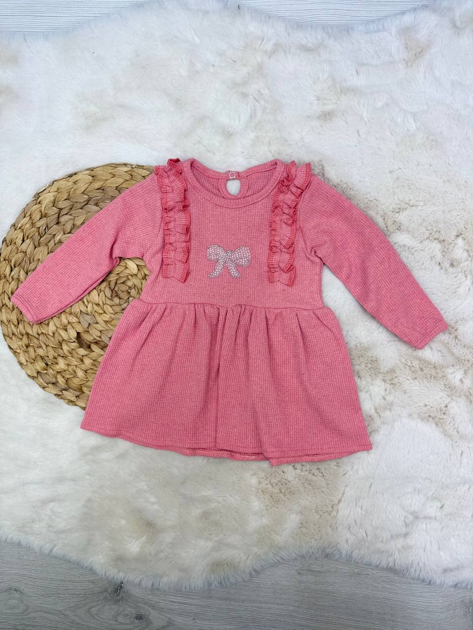 1-4 Yaş Waffle Kumaş Fiyonk Model Elbise - SOMON