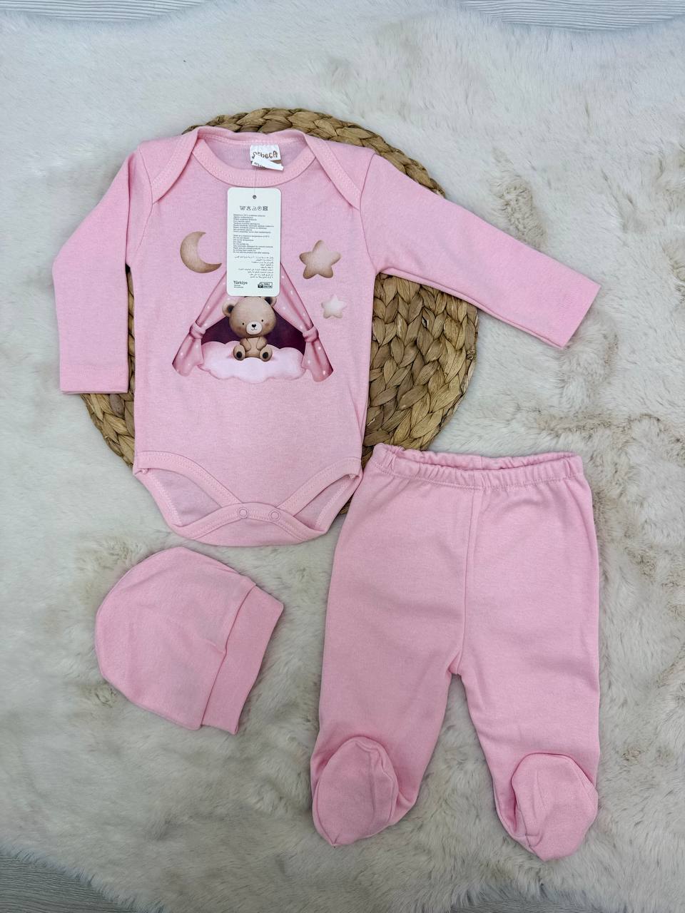 0-6 Ay Ayı Çadır Baskılı 3 Lü Hastane Çıkışı - PEMBE