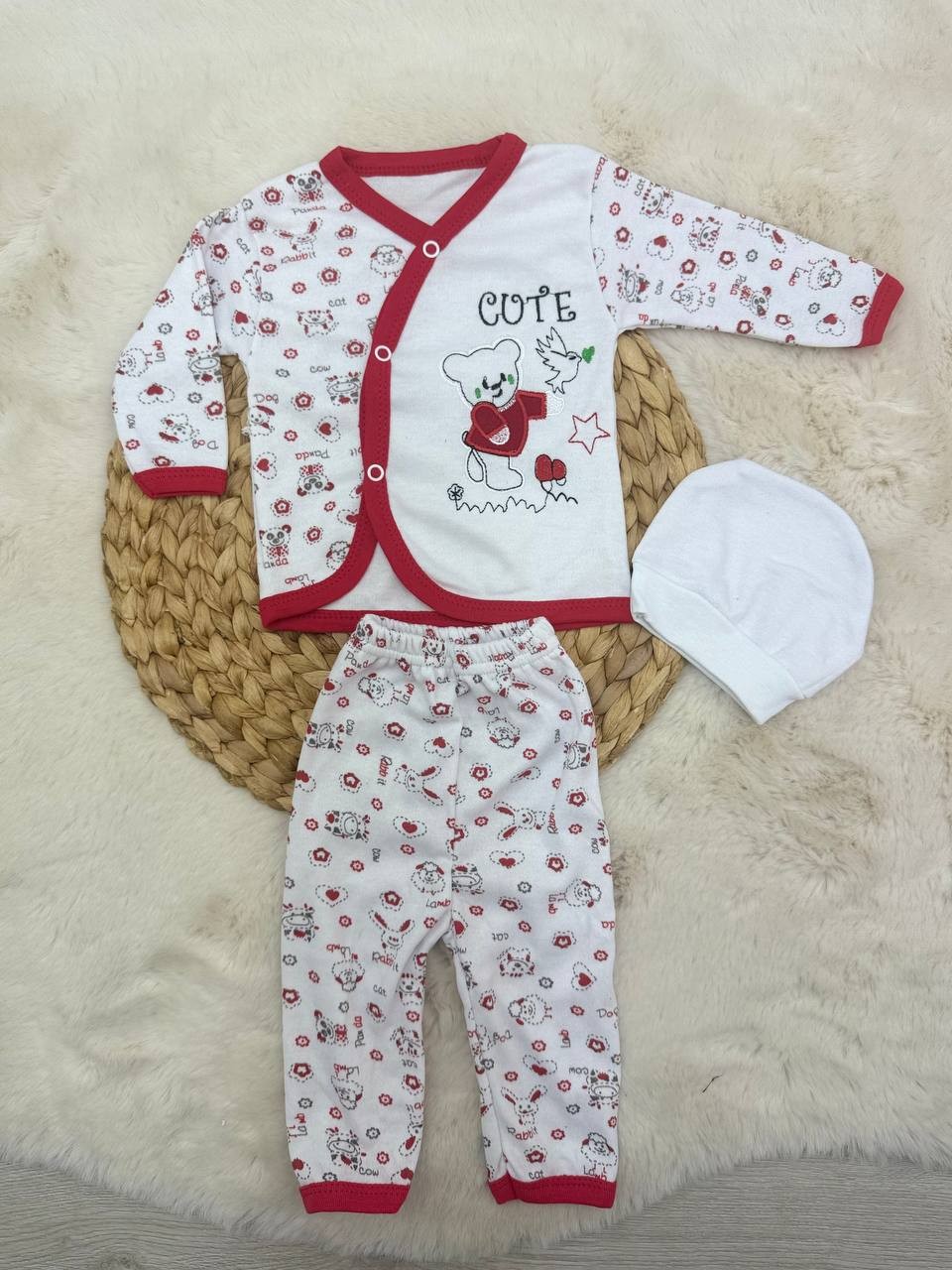 0-3 Ay Cute Ayıcık Nakışlı 3'lü Hastane Çıkışı - KIRMIZI