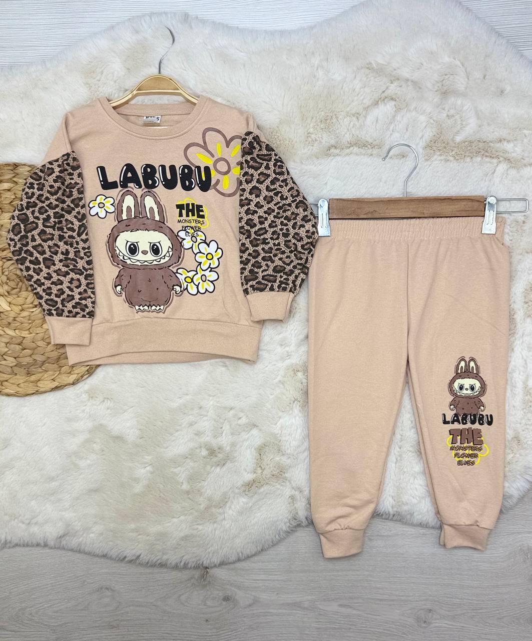 2-6 Yaş Labubu Baskılı Leoparlı Takım - BEJ