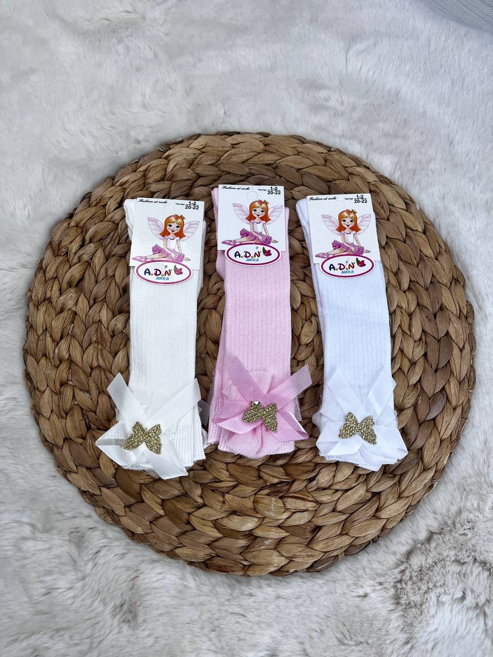 1-2 Yaş Diz Altı Fiyonklu Kız Çorap - PEMBE