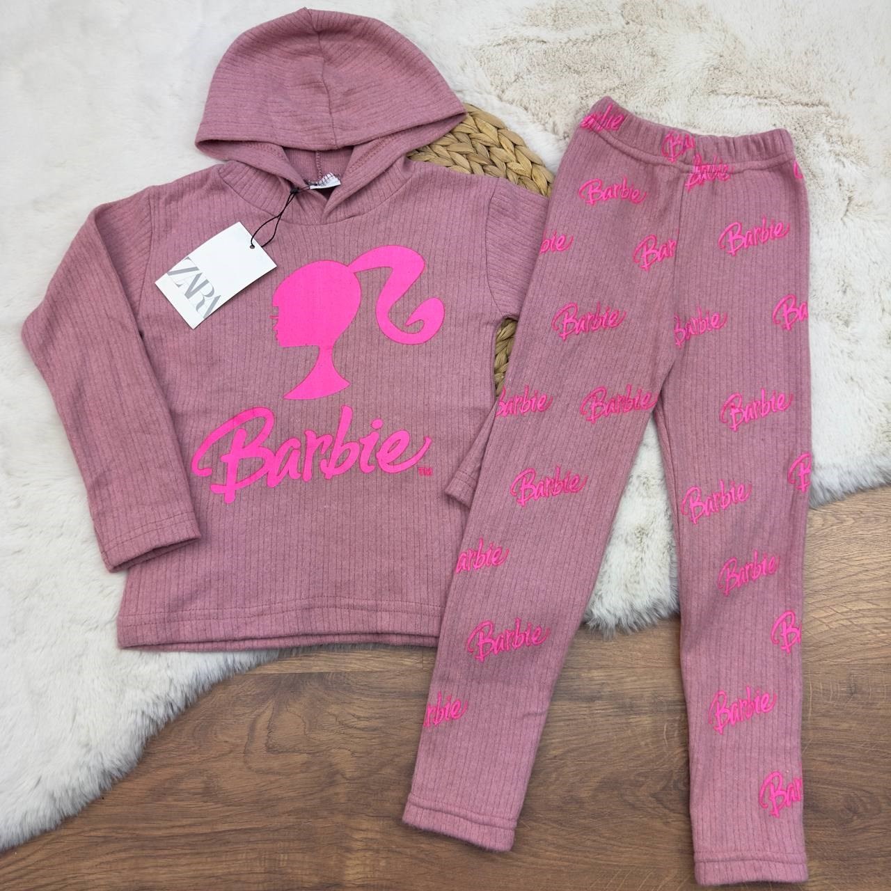 4-10 Yaş Zara Barbie Kapşonlu Fitilli Kız Takım Gül Kurusu