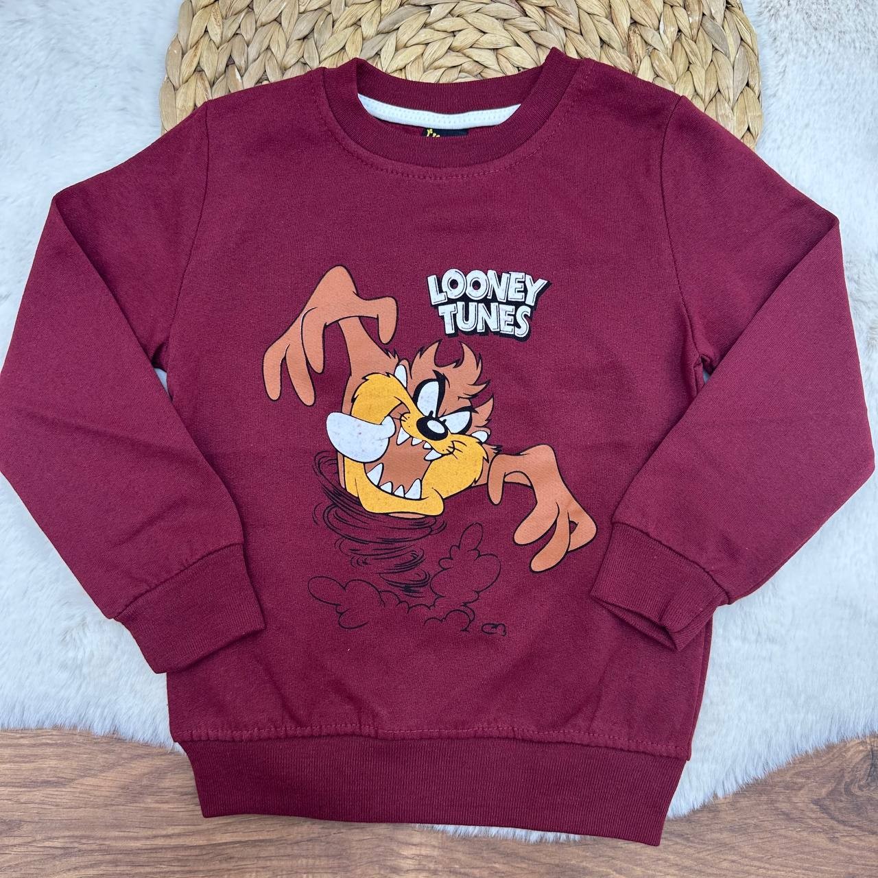 3-12 Yaş Tazmanya Canavarı Desenli 2 İp Şardonlu Sweatshirt - BORDO