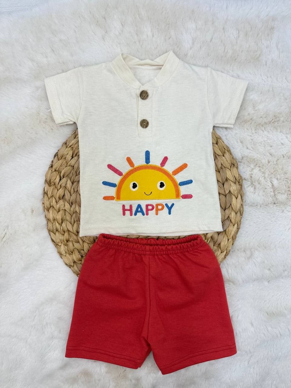 6-12 Ay Happy Güneş Nakışlı Takım - KIRMIZI