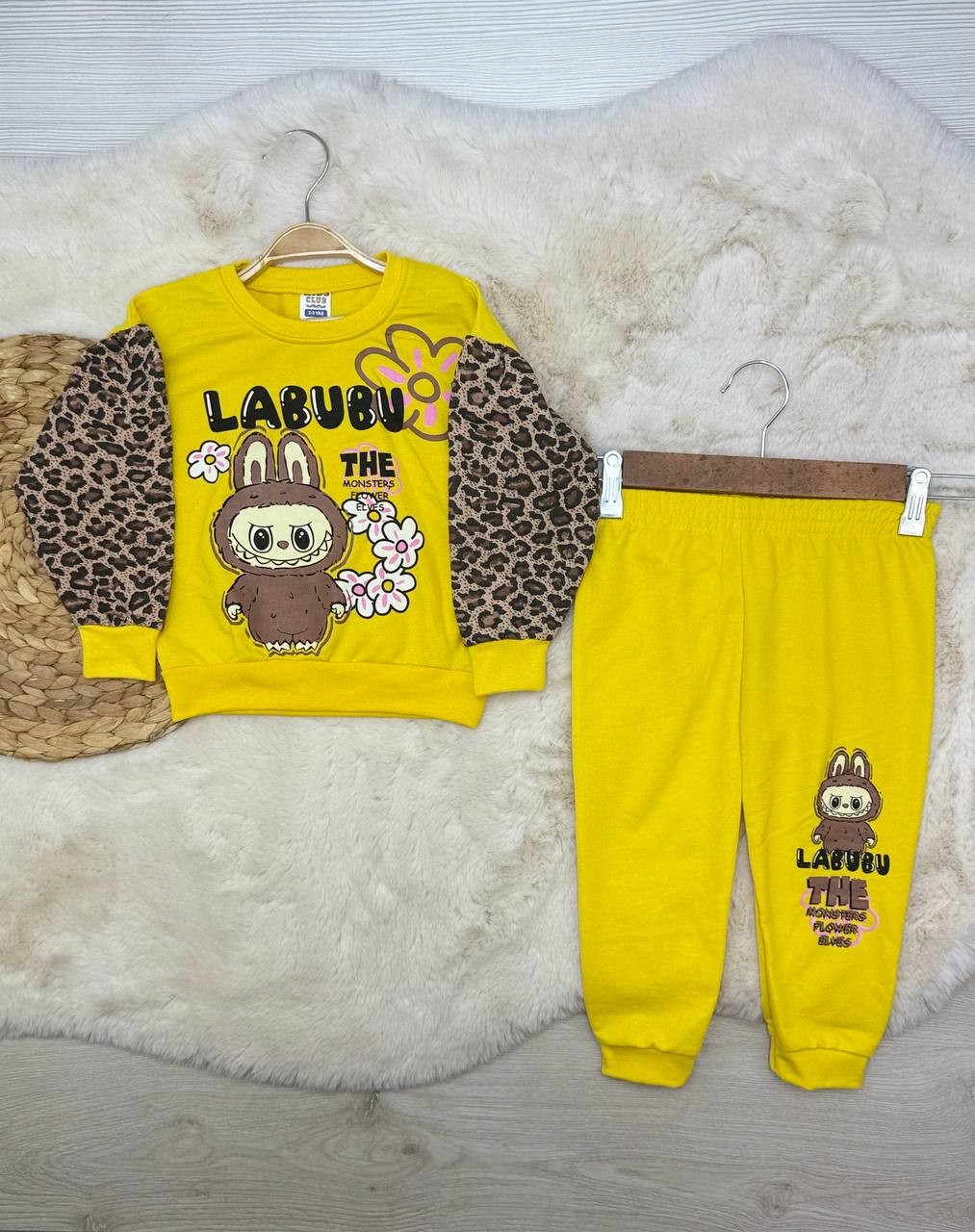 2-6 Yaş Labubu Baskılı Leoparlı Takım - SARI