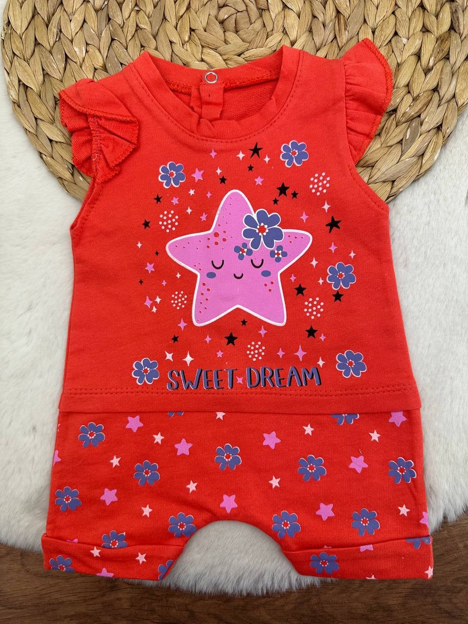 3-12 Ay Yıldız Sweet Dream Kısa Kol Tulum - NAR ÇİÇEĞİ