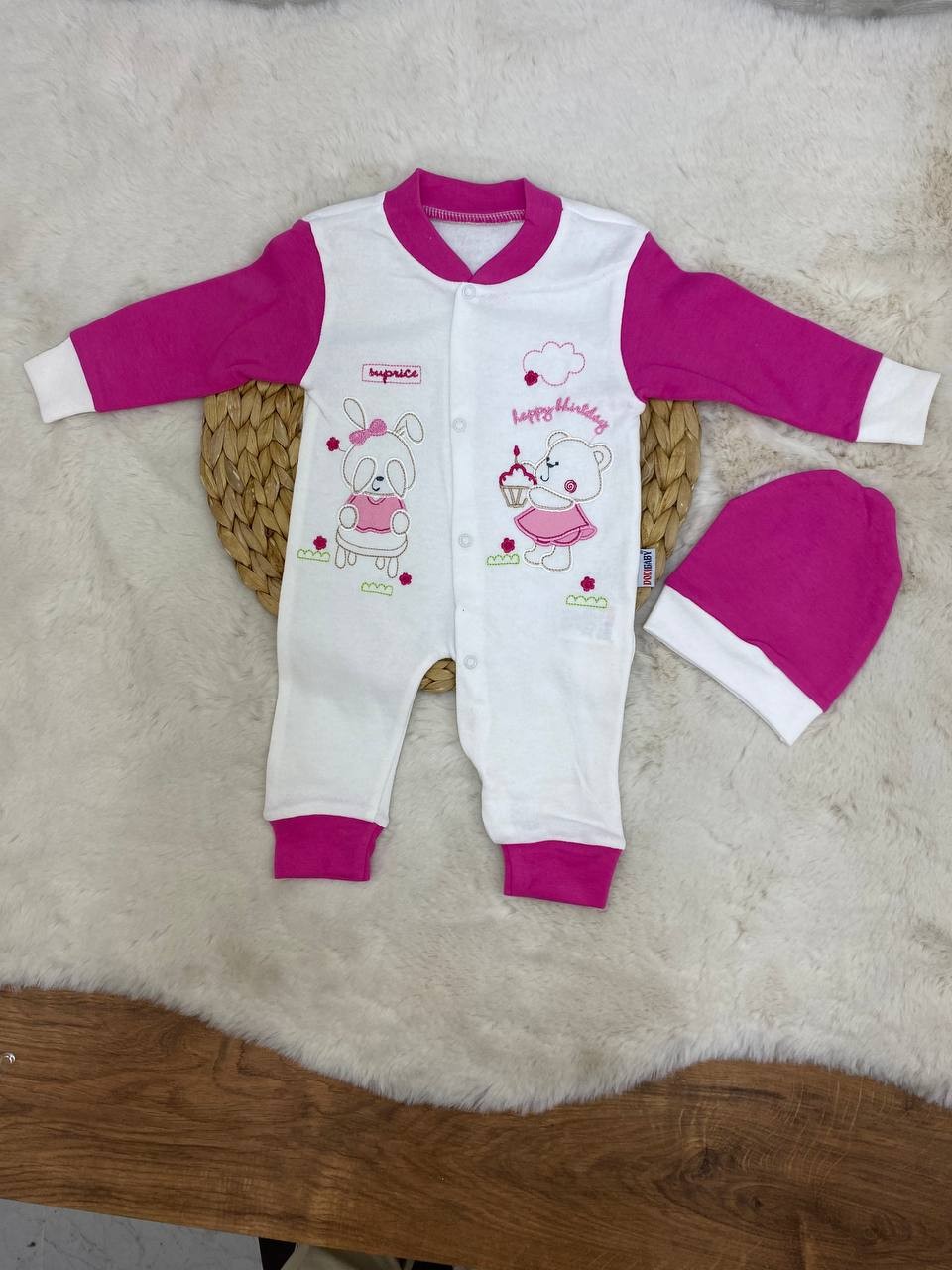 3-9 Ay Ayıcık Nakışlı Şapkalı Tulum