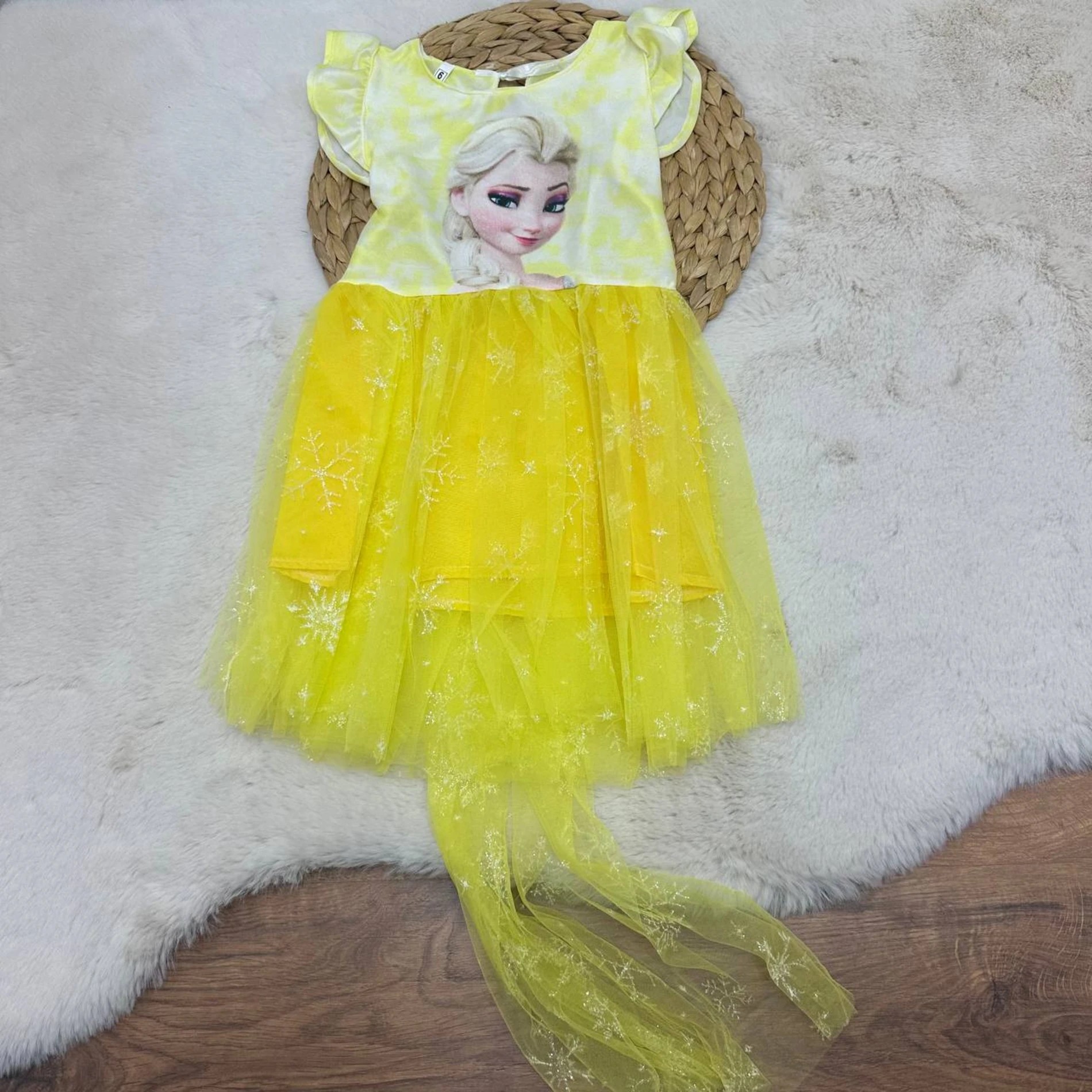4-8 Yaş Güpürlü Elsa Kuyruklu Elbise Sarı