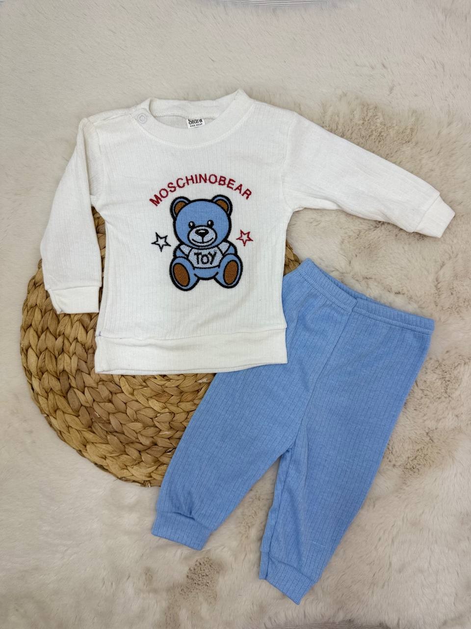 6-18 Ay Mos-Bear Toy Nakışlı Fitilli Takım - MAVİ