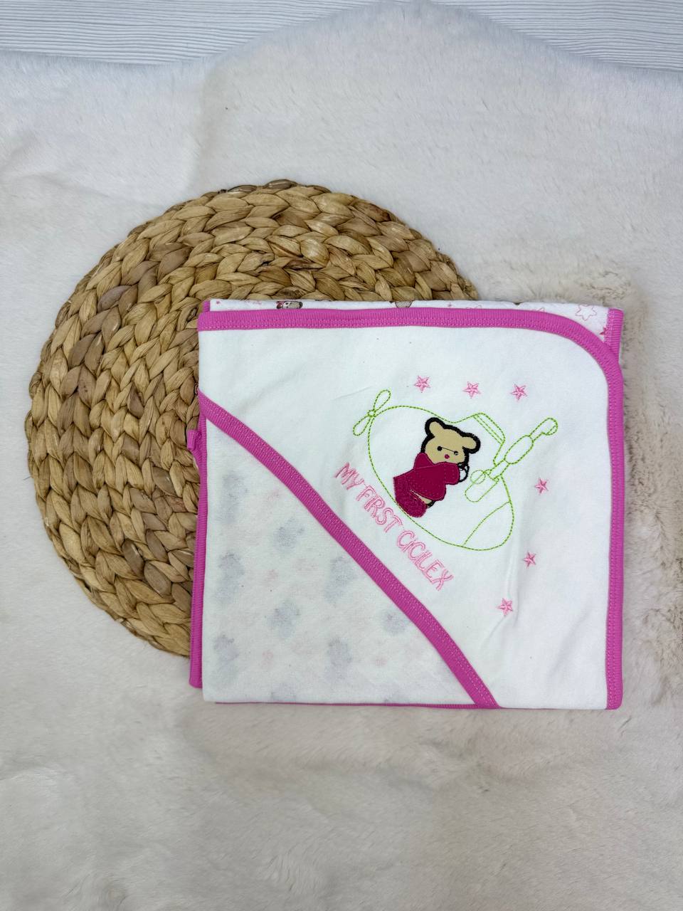 80x90 cm Penye Ayıcık Nakışlı Tek Kat Battaniye Kundak  - PEMBE