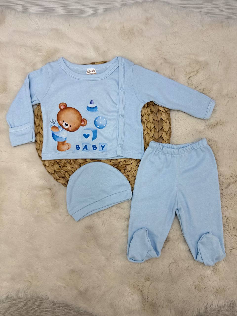 0-6 Ay Ayıcık Baby Baskılı Kendinden Eldivenli Hastane Çıkışı - MAVİ