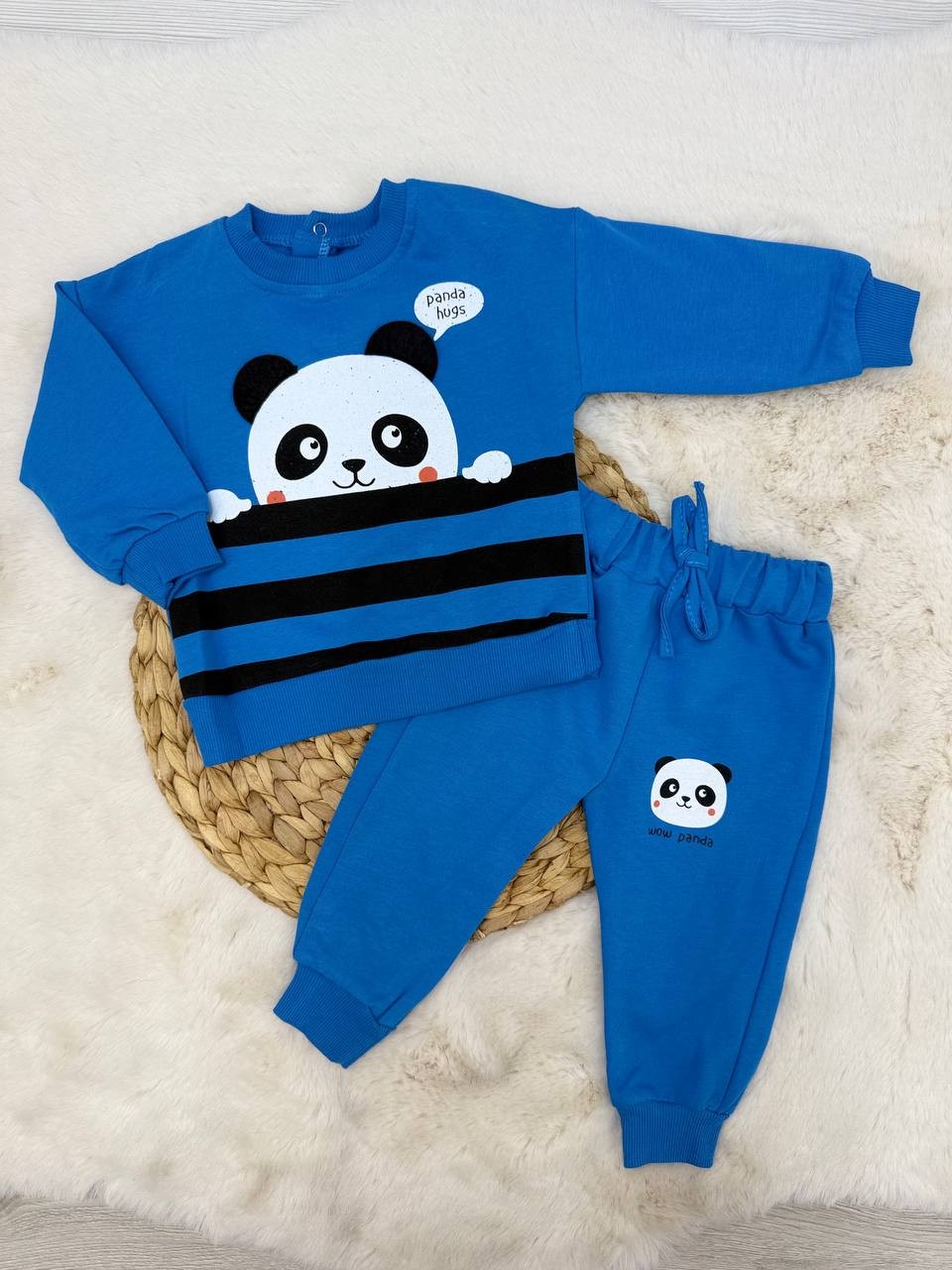 9-24 Ay Panda Çizgili Altı Nakışlı Takım - MAVİ