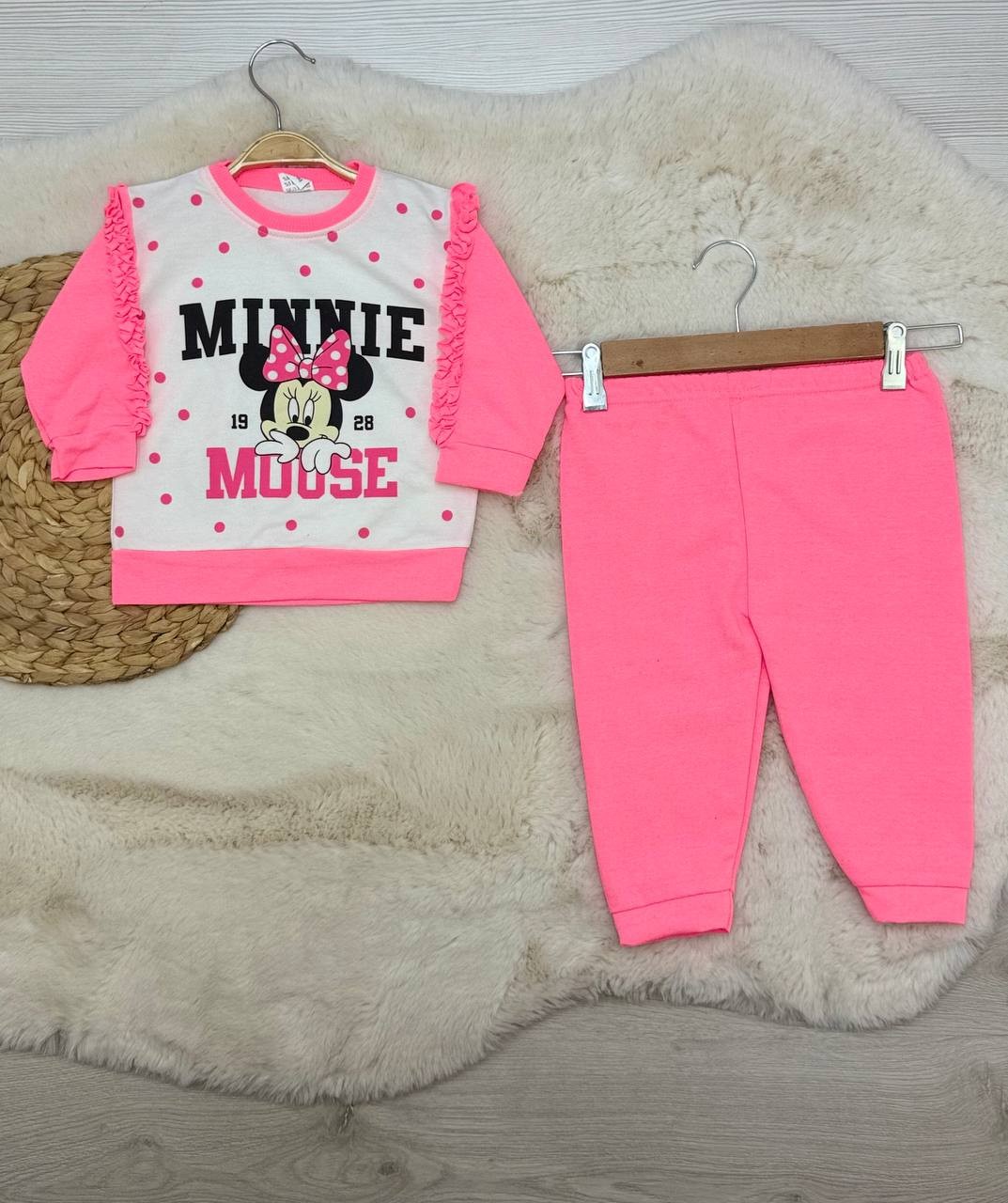 1-3 Yaş Minnie Baskılı Fırfırlı Takım - PEMBE