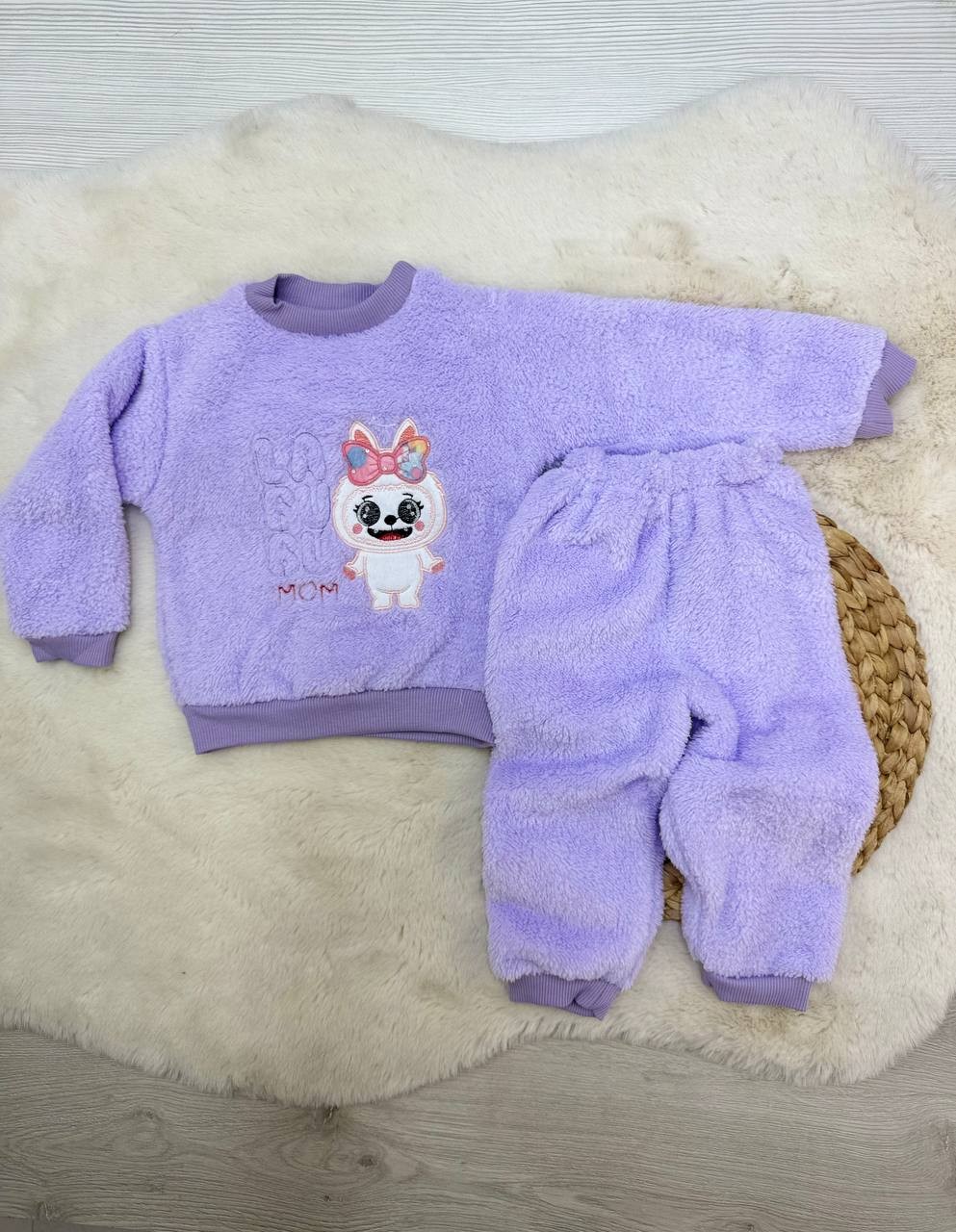 1-5 Yaş Labubu Nakışlı Peluş Kız Takım - MOR