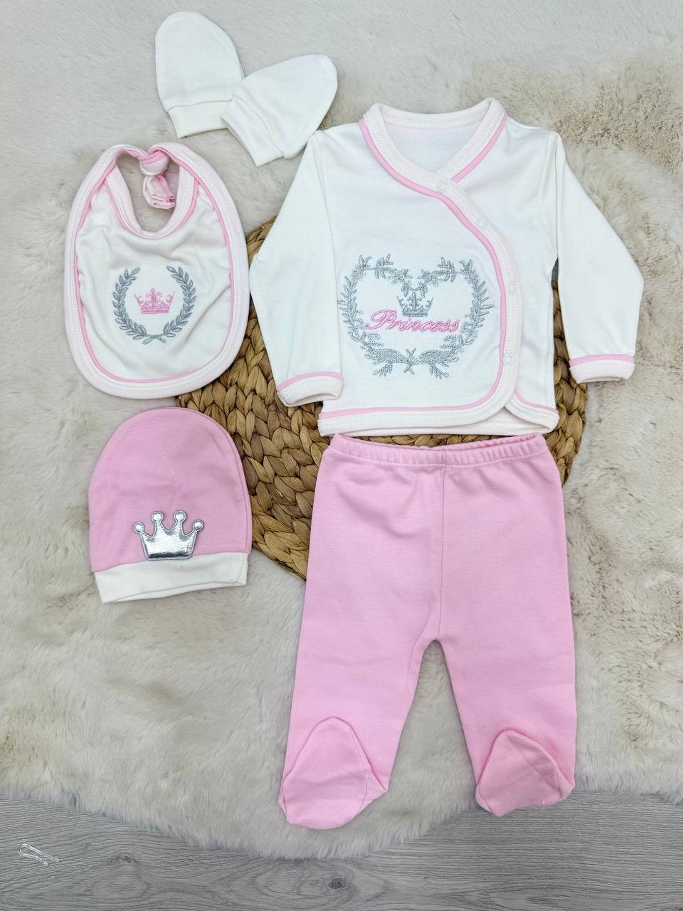 0-3 Ay Prince-Princess Nakışlı 5 Parça Hastane Çıkışı - PEMBE
