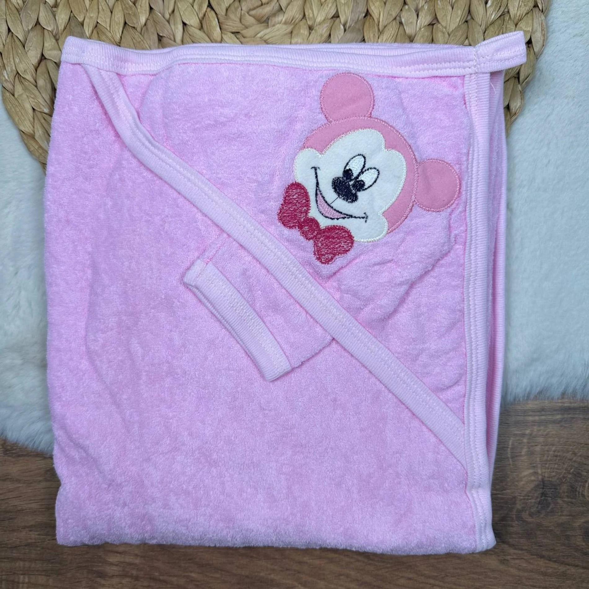 Mickey Nakışlı Bebek Banyo Havlusu 90x70 cm Pembe