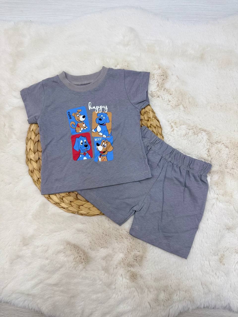 6-24 Ay Happy Köpek Desenli Takım - GRİ