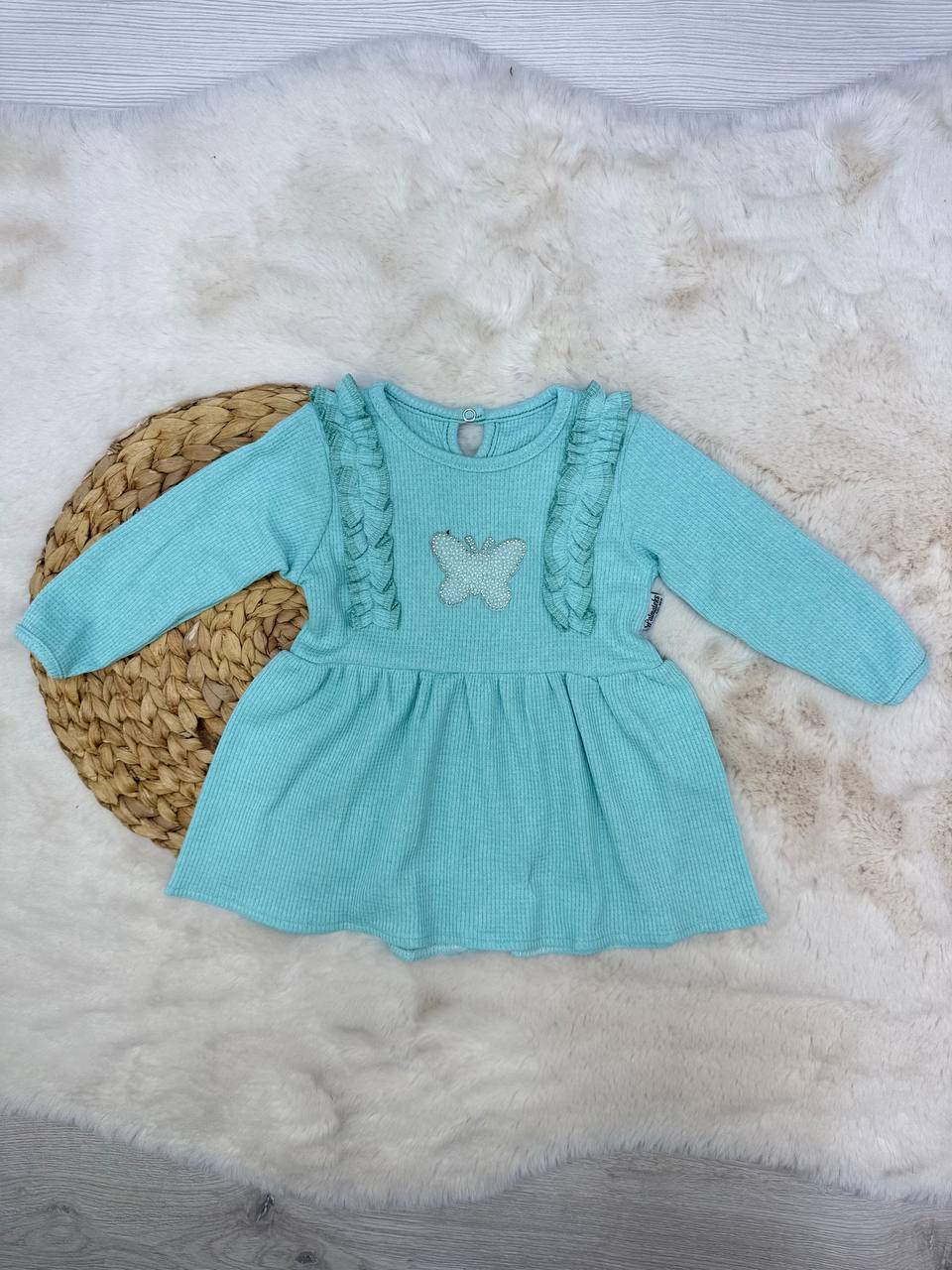 1-4 Yaş Waffle Kumaş Kelebek Model Elbise - MİNT