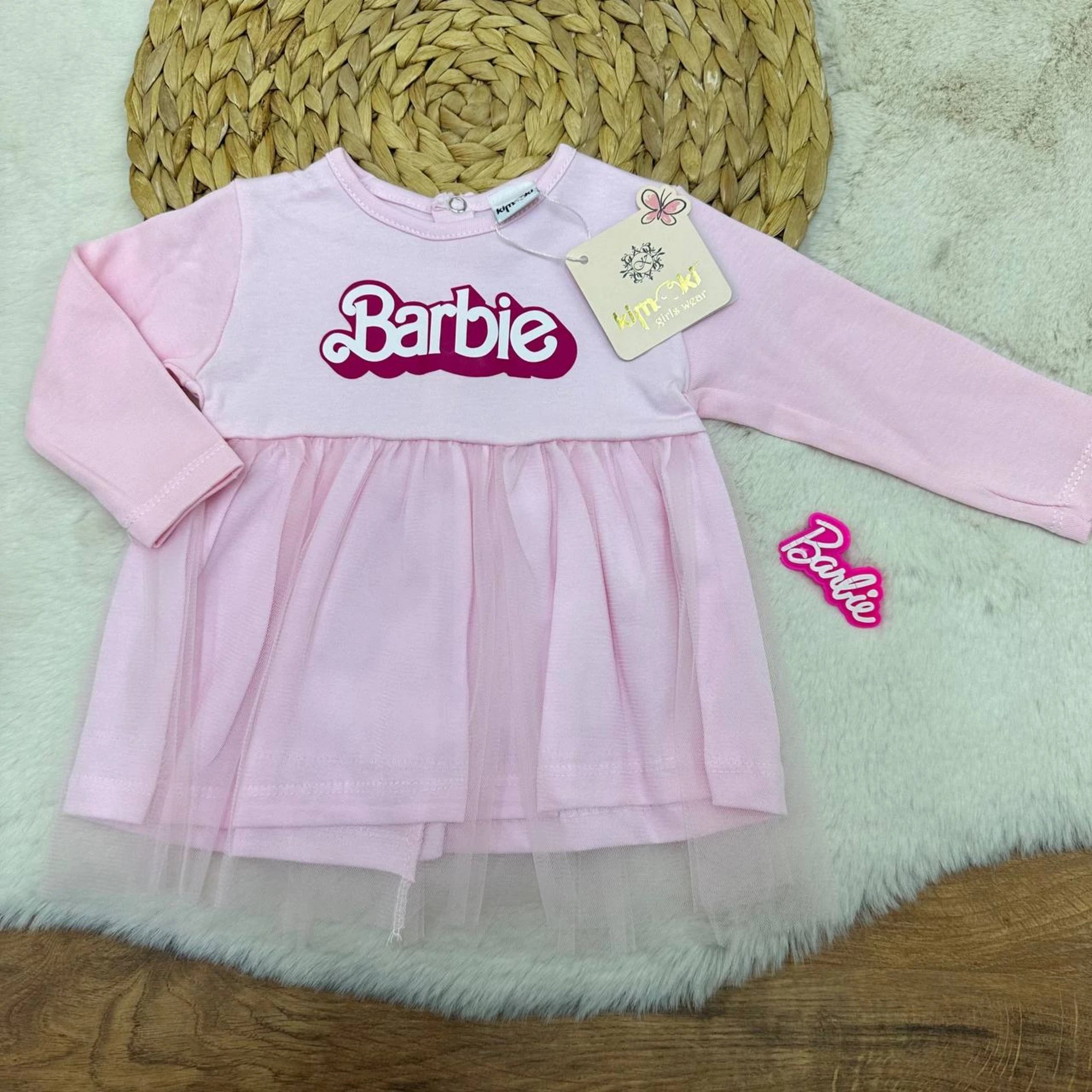 9-24 Ay Barbie Desenli Tokalı Elbise Pembe