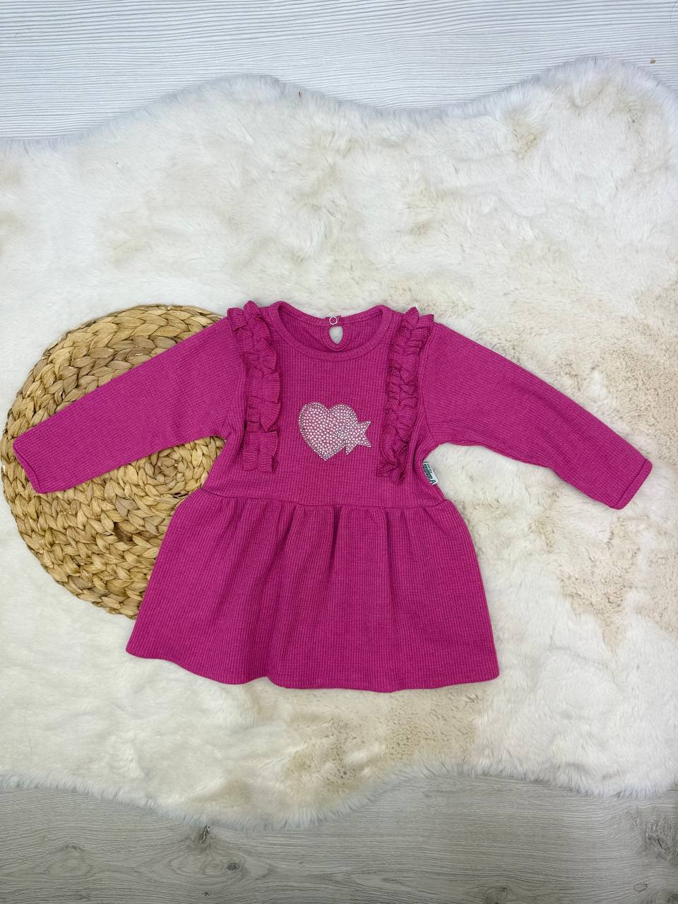 1-4 Yaş Waffle Kumaş Kalp Yıldız Model Elbise - FUŞYA