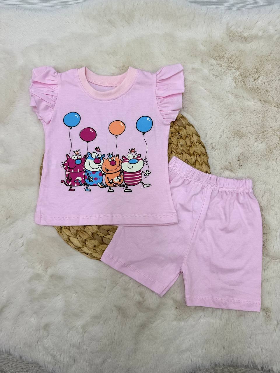 6-24 Ay Balonlu Kedi Desenli Takım - PEMBE