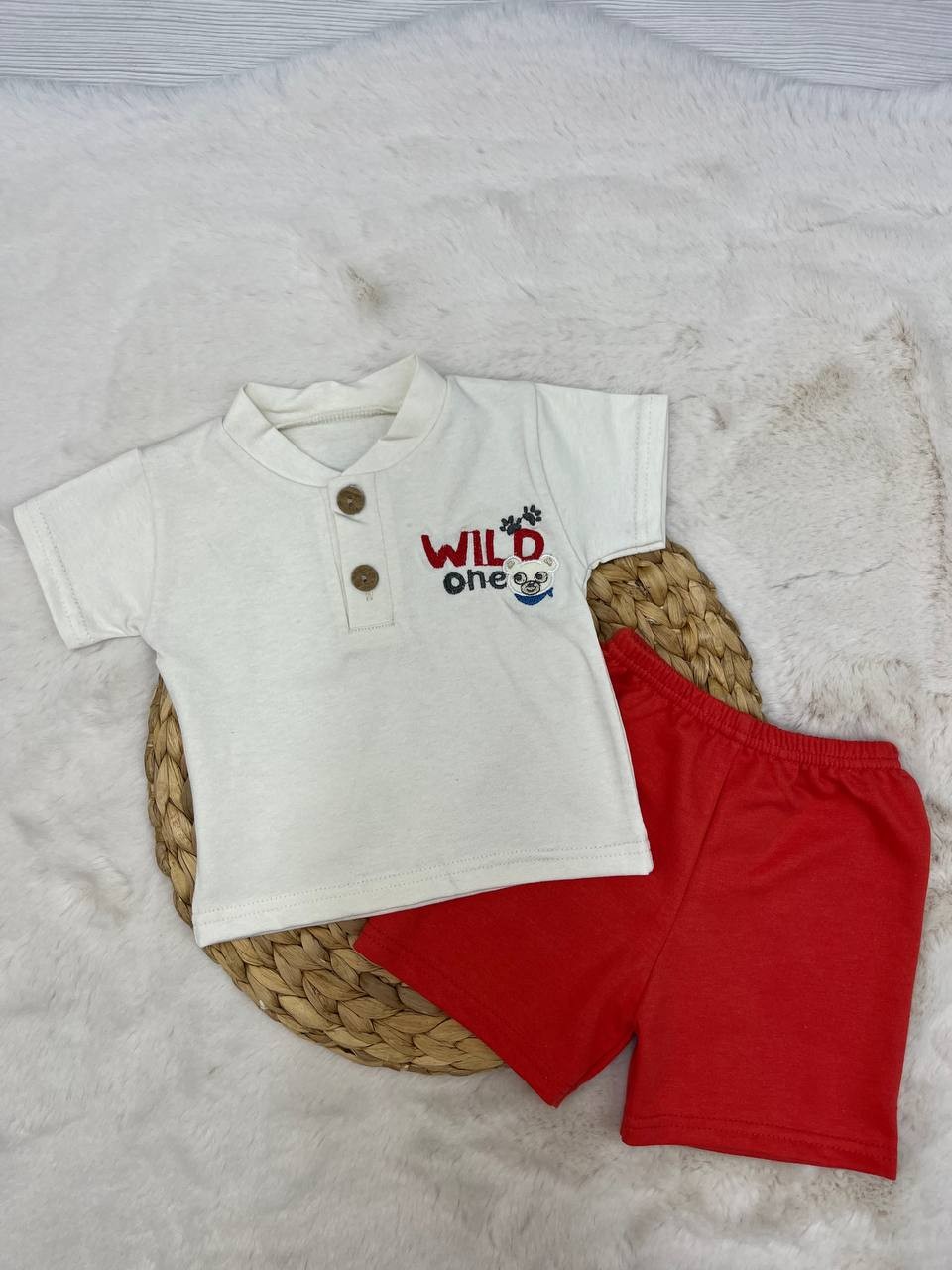 6-12 Ay Wild One Nakışlı Düğmeli Takım - KIRMIZI