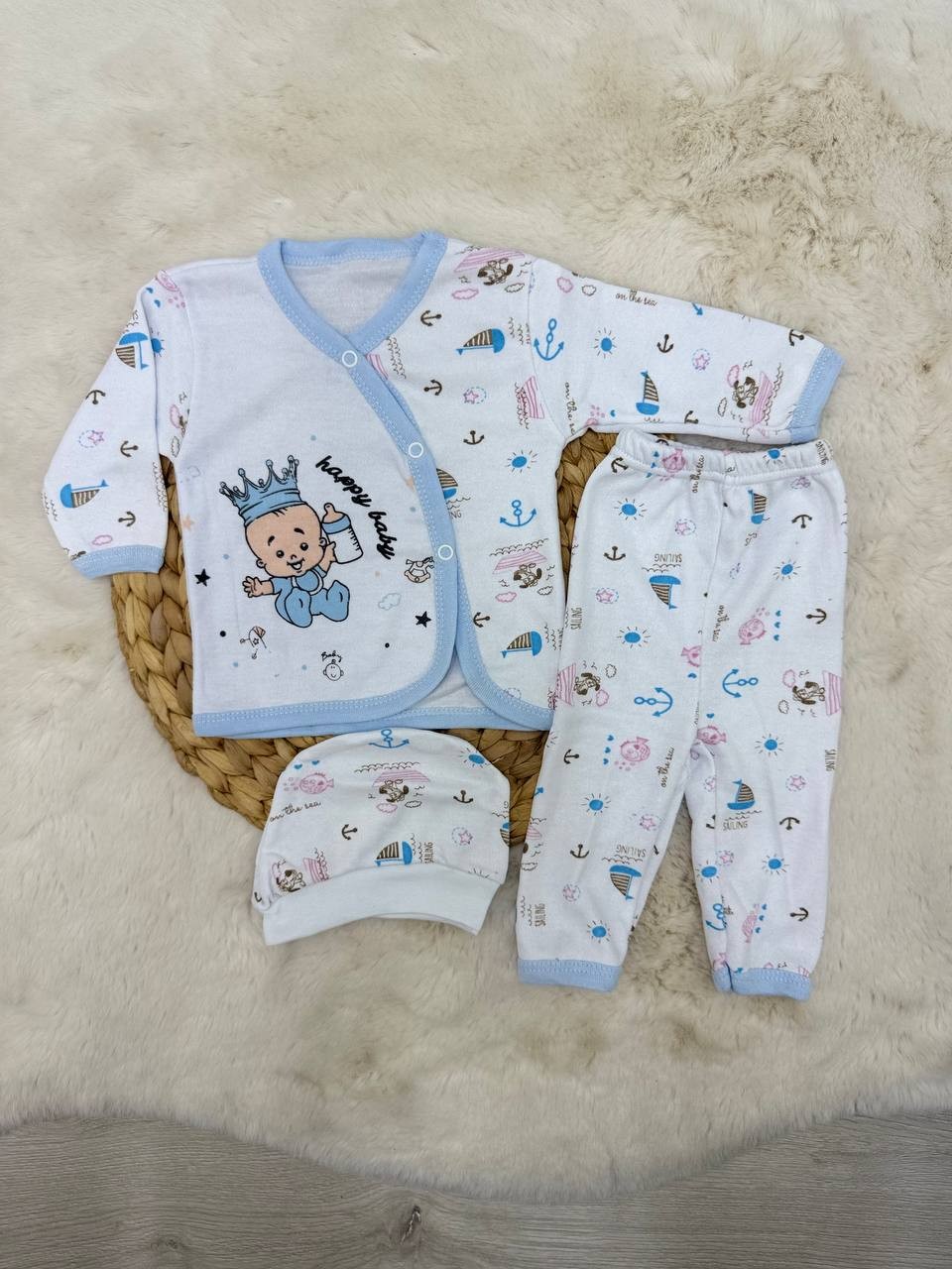 0-3 Ay Happy Baby Şapkalı 3 lü Takım - MAVİ