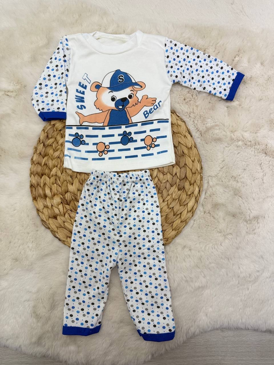 0-3 Ay Sweat Bear Şapkalı Ayı Baskılı Takım - MAVİ