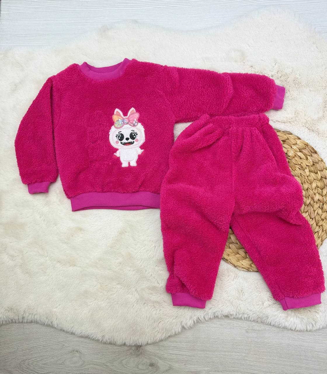 1-5 Yaş Labubu Nakışlı Peluş Kız Takım - FUŞYA