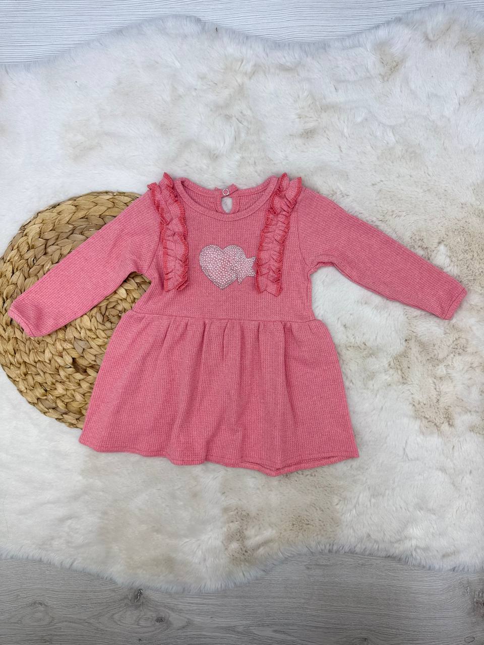 1-4 Yaş Waffle Kumaş Kalp Yıldız Model Elbise - SOMON