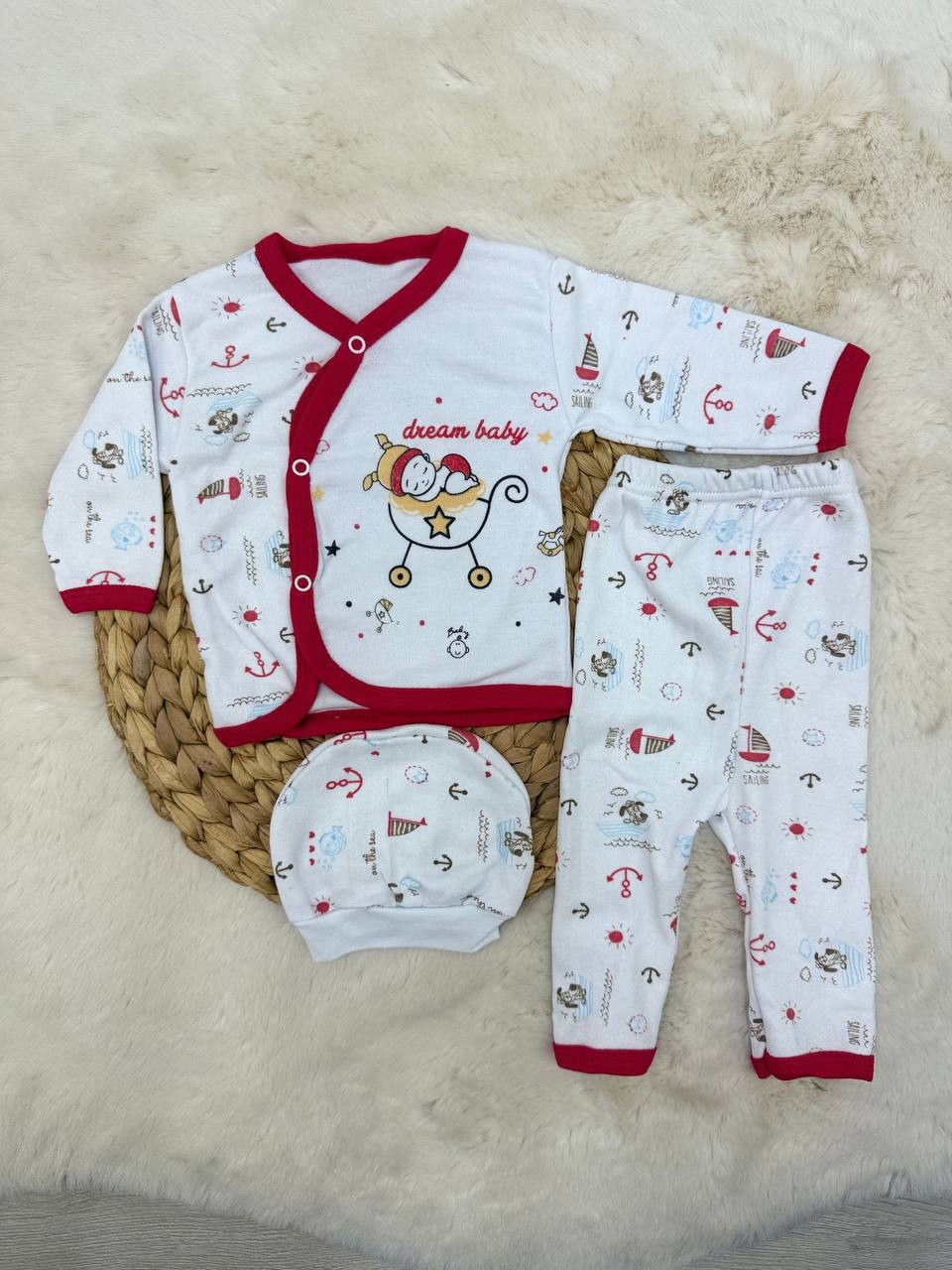 0-3 Ay Dream Baby Şapkalı 3 lü Takım - KIRMIZI