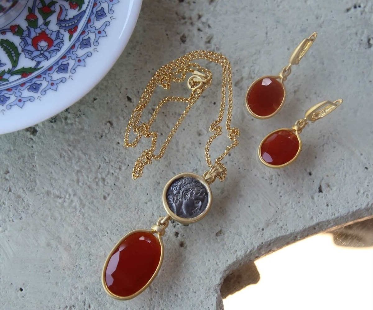 Antique Silver Set with Agate Stone