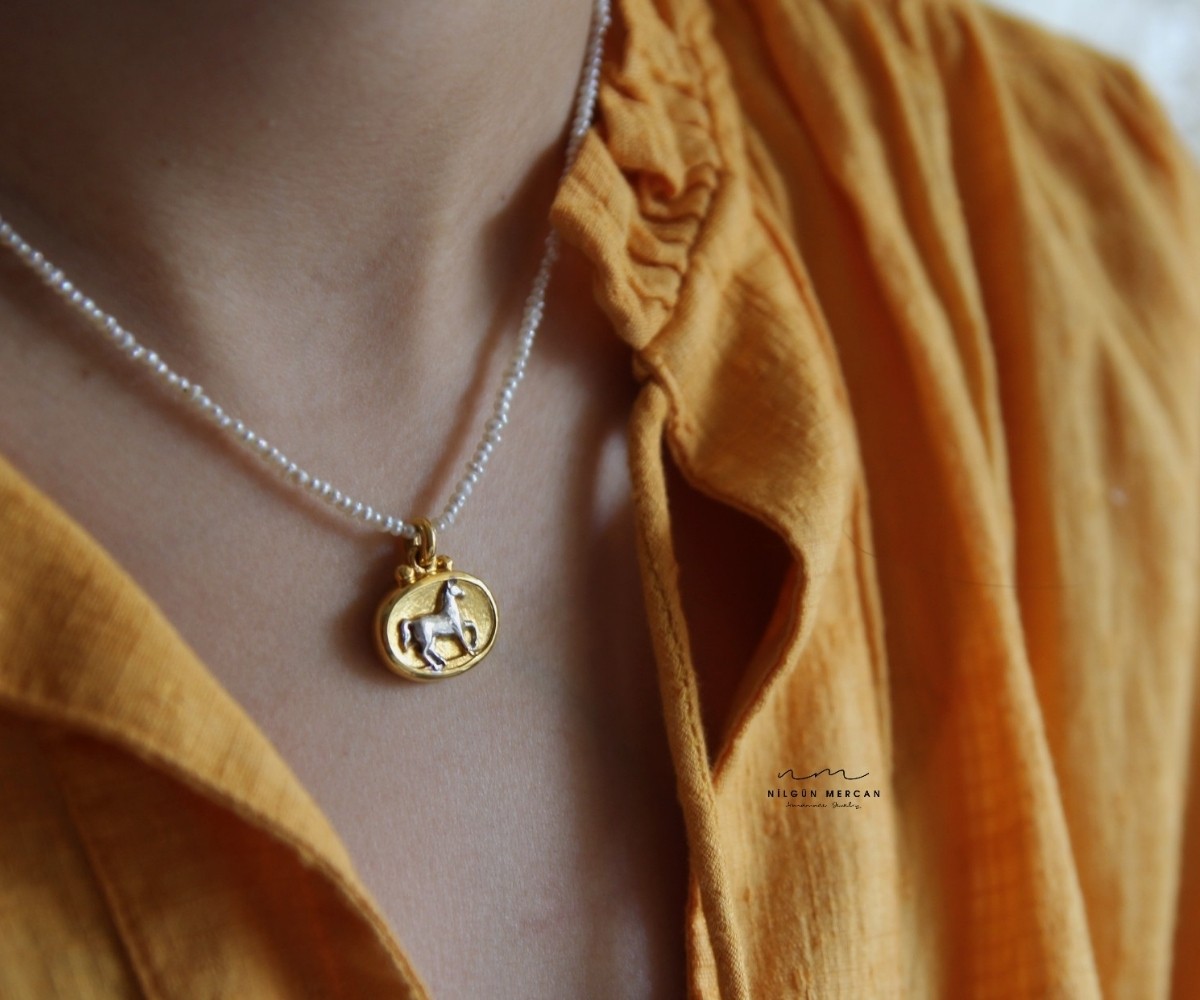 Silver Horse Symbol, Pearl Necklace