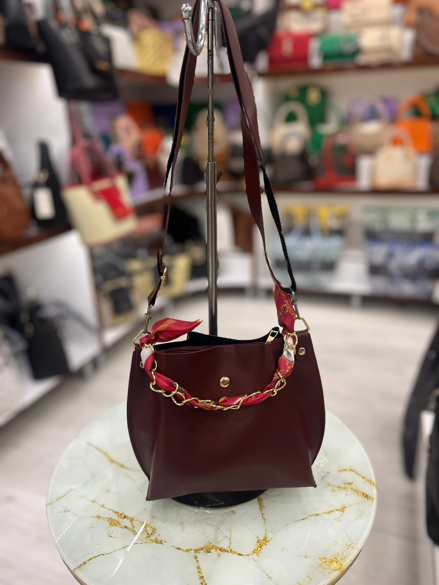 Büzgü Fularlı El ve Çapraz Çanta - Bordo